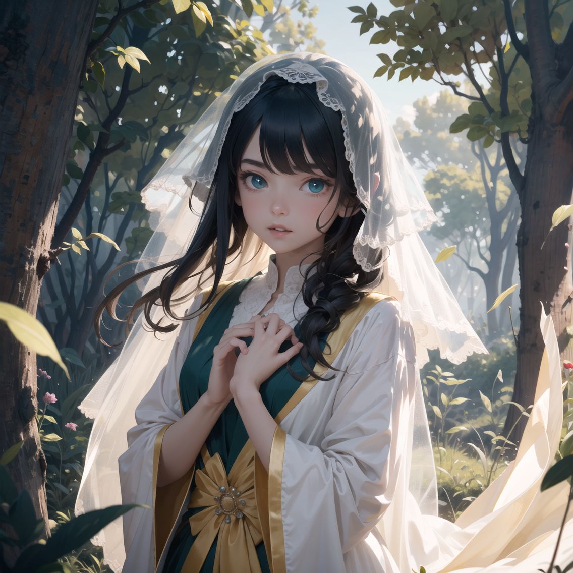 solo elf girl,
18 years old,
Long dark blue hair,
Emerald green eyes,
Green and gold accented elegant robe,
Special veil with shimmering fibers,
Concentrated and confident expression,
Right hand extended forward, left hand slightly clenched in front of chest,
Deep forest background with ancient trees and faint lighting,
Moss and small flowers on the ground,
Magic energy orb in hand with green and gold light waves,
Particles of light scattering around,
Low angle shot,
Soft yet strong lighting contrast highlighting her and the magic orb,

BLAKE,
high resolution,
extremely detailed CG,
8K quality in 2.5D,
Idol cosplayers,
Image shows a publicity still of a scene from the film,
The shot was taken to show her in the lead role,
Close-up shot,
Cowboy shot,
camera-ready,
She has a natural talent for captivating readers,
She has a charming, photogenic look,
Innocence,
She can give a flirtatious look,
She embodies the image of a girl who is popular with men,
Lolita taste,
Fresh poses of pure, innocent girls,

Shot on an open set,
Professional equipment,
High-quality work by first-class cameramen, lighting designers, and make-up artists,
Screen composition with attention to detail.