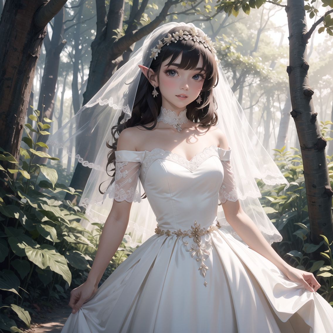 solo elf girl,
18 years old,
Long silver hair with delicate braids,
Wearing a full-body lace wedding dress with transparent embroidery,
Covered by a silk veil,
Slight blush on her cheeks as she looks down modestly,
Surrounded by forest animals celebrating,
Details of fur on each animal in 3D,
Sunlight showering through the forest canopy,
High contrast image to enhance the magical atmosphere,
Extremely detailed CG of a beautiful Japanese anime-style elf bride,
In a forest setting filled with magical creatures,
Captured in a high-resolution, 3D representation to emphasize the texture of her dress and veil,
The image shows her in a wedding ceremony, surrounded by a variety of enchanted forest animals,
The lighting is designed to highlight her silhouette and the intricate details of the lace dress,
A moment of pure enchantment and joy, with the forest itself participating in the celebration,
A masterful composition that tells a story of love, magic, and communal joy within an ethereal woodland setting,
elf bride's face,
Bride's eyes gazing lovingly at the groom,
radiant beauty,
Upward glance,
Flushed cheeks,
porcelain skin,
glowing softly,
high cheekbones,
dusted with a rosy blush,
large, almond-shaped eyes,
sparkling with joy,
deep emerald green,
framed by long, dark lashes,
arched eyebrows,
gracefully defining her expression,
small, delicate nose,
soft, pink lips,
curved into a tender smile,
moment of pure happiness,
slight upward glance,
conveying love and devotion,
a masterpiece of elegance,
accentuated by the soft light,
reflecting the myriad colors,
ethereal,
captivating presence,
unforgettable vision of beauty and grace,
Wedding dress adorned with intricate lace and aquamarine beading,
elaborate wedding dress,
sweeping train,
crafted from the finest silk,
embellished with intricate lace detailing,
adorned with sparkling aquamarine beads,
glimmering with every movement,
delicate floral embroidery,
woven with silver threads,
creating a radiant shimmer,
fitted bodice,
accentuating her slender figure,
flowing into a full, voluminous skirt,
layers of soft tulle,
creating an ethereal silhouette,
off-shoulder sleeves,
draped elegantly,
revealing a hint of her delicate collarbones,
cinched at the waist with a beaded belt,
highlighting her graceful posture,
the dress radiates with a majestic glow,
capturing the enchantment of a fairytale,
in the kaleidoscopic light of the forest,
optimal screen composition,
bride centered,
close-up shot,
framing her from waist up,
focus on her radiant expression,
soft, diffused lighting,
highlighting her features,
creating depth and dimension,
colors casting a halo around her,
warm, golden hour light,
enhancing the natural glow of her skin,
shadows gently sculpting her face,
emphasizing her delicate features,
additional fill light,
softening any harsh shadows,
ensuring every detail is visible,
reflectors positioned to bounce light,
illuminating her from the front,
creating a balanced exposure,
the lighting scheme,
meticulously designed to capture her ethereal beauty,
camera angle slightly below eye level,
capturing her upward glance,
conveying a sense of intimacy and reverence,
depth of field shallow,
blurring the background slightly,
keeping the focus on her,
yet allowing the colors of the glass to envelop her,
the composition and lighting,
working in harmony,
to create a captivating,
timeless image of the bride