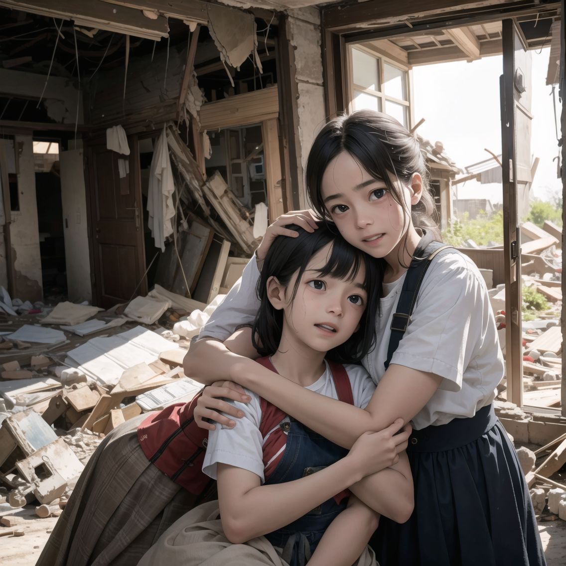 injured elder sister returning,
Welcomed joyfully by her younger sisters,
Amidst the wreckage of their once cherished home,

Elder sister, battered and bruised, yet carrying an aura of resilience,
Younger sisters, faces brightening with joy upon seeing their returned sibling,
Tender embraces amidst the ruins, a glimmer of hope in the devastation,

Background of their shattered home, a stark reminder of the battle's toll,
Pieces of their former life scattered around, yet the reunion brings a moment of warmth,
Expressions of relief and love, overshadowing the grimness of their surroundings,

Soft, warm lighting focusing on the siblings, creating a beacon of hope in the darkness,
Close-up shots capturing the emotional reunion, tears mixing with smiles,
Camera movements gentle and nurturing, focusing on the bond between the sisters against the backdrop of their ruined home,

High-resolution,
Extremely detailed CG,
8K quality in 2.5D,