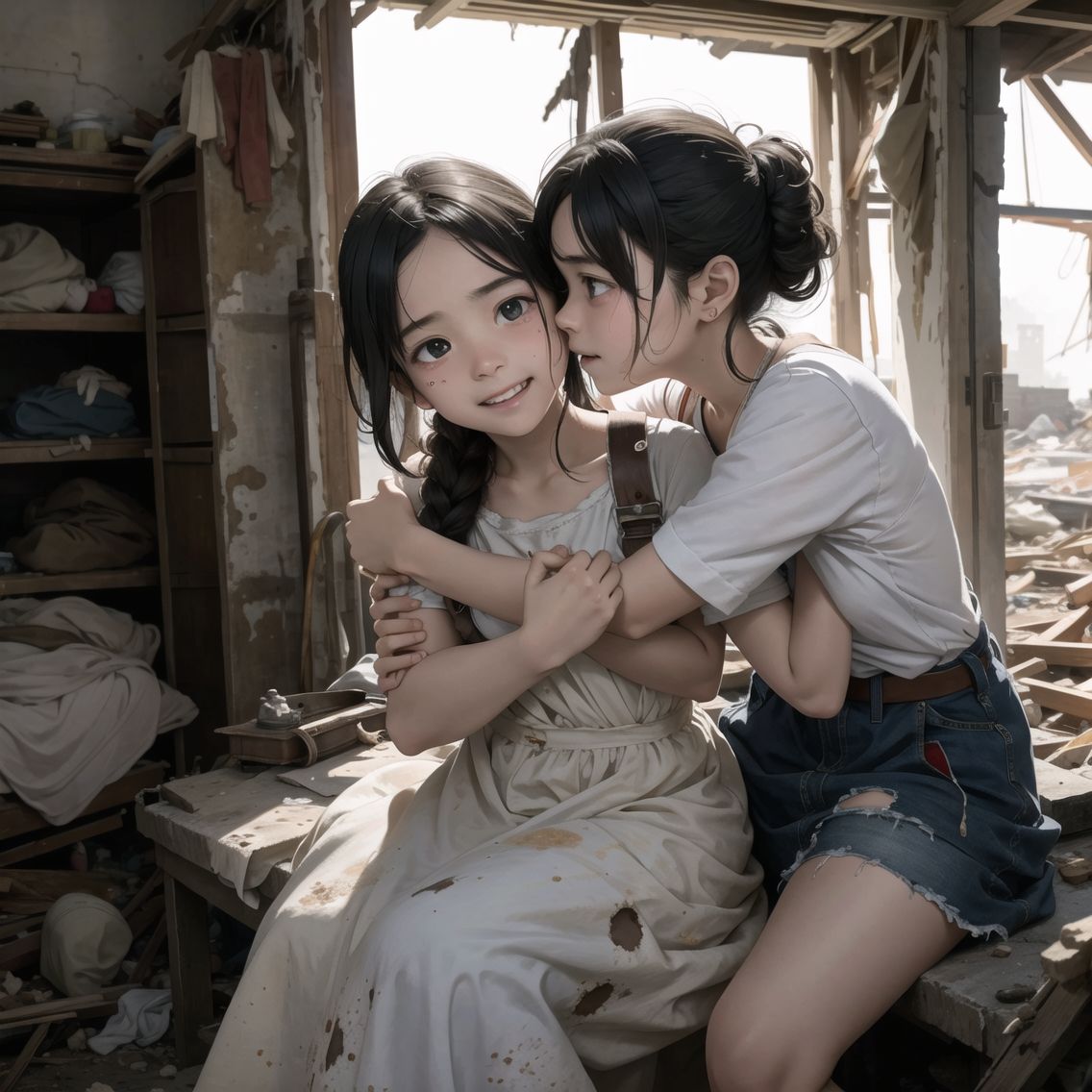 injured elder sister returning,
Welcomed joyfully by her younger sisters,
Amidst the wreckage of their once cherished home,

Elder sister, battered and bruised, yet carrying an aura of resilience,
Younger sisters, faces brightening with joy upon seeing their returned sibling,
Tender embraces amidst the ruins, a glimmer of hope in the devastation,

Background of their shattered home, a stark reminder of the battle's toll,
Pieces of their former life scattered around, yet the reunion brings a moment of warmth,
Expressions of relief and love, overshadowing the grimness of their surroundings,

Soft, warm lighting focusing on the siblings, creating a beacon of hope in the darkness,
Close-up shots capturing the emotional reunion, tears mixing with smiles,
Camera movements gentle and nurturing, focusing on the bond between the sisters against the backdrop of their ruined home,

High-resolution,
Extremely detailed CG,
8K quality in 2.5D,