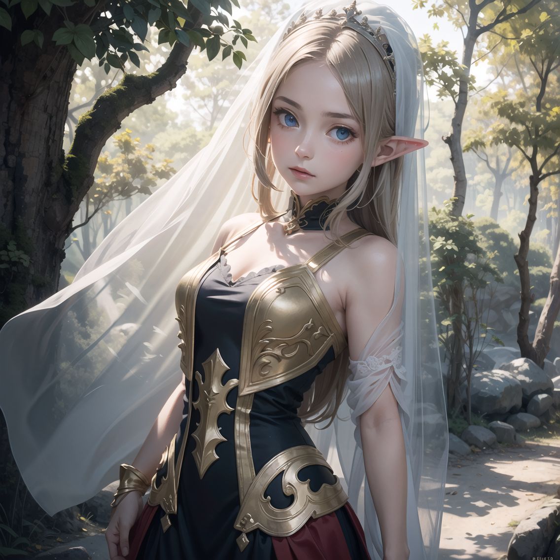 Elven girl,
16 years old,
Long silver, blonde hair,
Pale blue eyes,
Face covered with a transparent protective veil,
expression showing determination and hope,
Medium shot, cowboy shot, shot showing up to her thighs,
Frontal shot capturing her expressive face,
protective rune-patterned veil around her shoulders,
Background of old trees and mysterious mist,
Glowing mushrooms and magical plants faintly illuminate her face,
The veil flutters in the wind, adding movement,
Soft golden light accentuates her features and suggests guidance,
The camera focuses on her upper body, emphasising clarity and emotion,
The natural ambient light and magical highlights highlight her determination,

Blake.
High resolution,
Highly detailed CG,
8K quality in 2.5D,
Idol cosplayers,
Image captures a key moment of emotional depth in a fantasy story,
upper-body shots designed to emphasise her role as a central character,
Camera Lady, which expresses her resilience and the magic of the veil,
Her face tells a story of courage and the quest for freedom,
ethereal beauty framed by the magical elements around her,
The composition balances intimacy with the vast mystery of her journey,

The images are shot in a fairytale-like setting, reflecting moments of intense personal discovery,
Produced by a team of professional photographers, lighting specialists and visual effects artists using high-end equipment,
Meticulously designed to capture the moving and magical moments of her story.