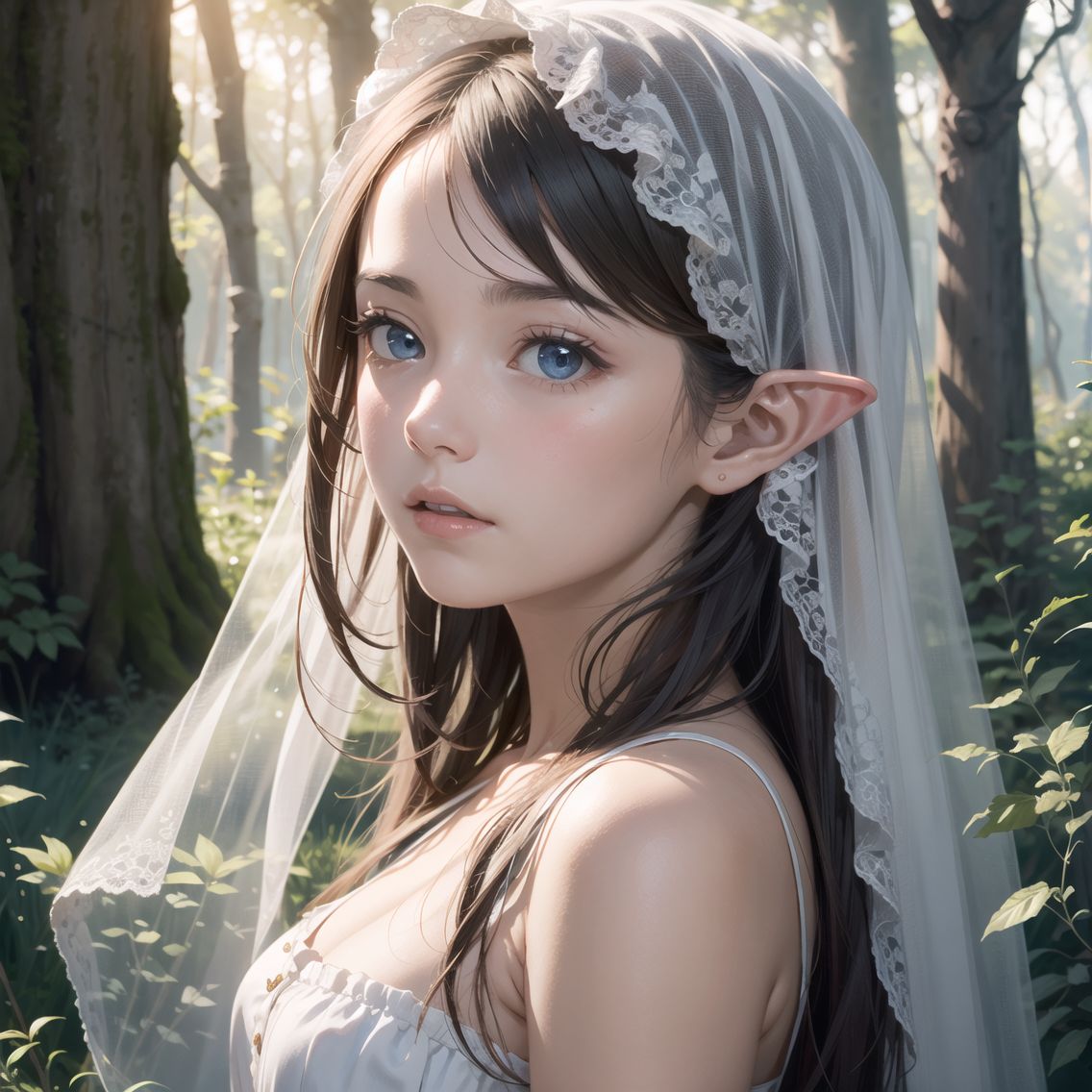 solo elf girl,
16 years old,
Long silver hair,
Pale blue eyes,
Transparent protective veil,
Close-up on face showing determination and hope,
Bust shot,
Frontal view capturing her expressive face,
Veil shimmering with protective runes around her shoulders,
Ancient trees and mystical fog in the background,
Glowing mushrooms and magical flora faintly illuminate her face,
Veil fluttering slightly in a breeze, adding movement,
Soft golden light highlighting her features, suggesting guidance,
Camera focuses on her face, emphasizing clarity and emotion,
Natural ambient lighting with magical highlights accentuating her determination,

BLAKE,
high resolution,
extremely detailed CG,
8K quality in 2.5D,
Idol cosplayers,
Image captures a pivotal moment of emotional depth in a fantasy narrative,
Close-up shot designed to highlight her role as the central character,
Camera-ready, showcasing her resilience and the protective magic of the veil,
Her face tells a story of courage and the quest for freedom,
Ethereal beauty framed by the magical elements of her surroundings,
The composition balances intimacy and the expansive mystery of her journey,

Shot to mirror the intense personal moment of discovery in a fairy tale setting,
Crafted with high-end equipment by a team of professional photographers, lighting experts, and visual effects artists,
Meticulously designed to showcase the emotional and magical moment of her story.