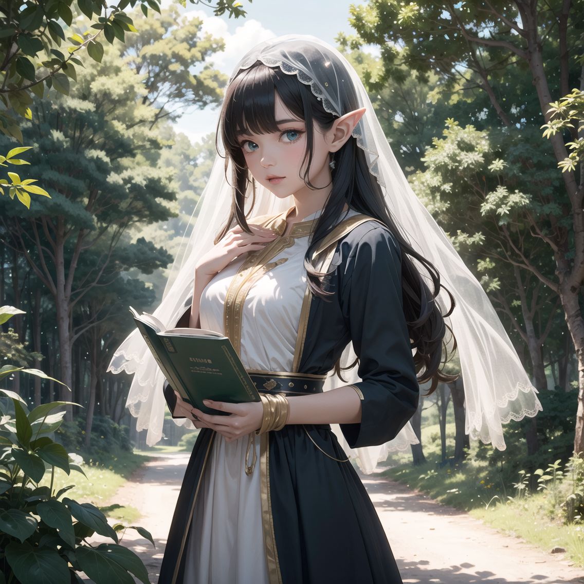 solo elf girl,
18 years old,
Long dark blue hair,
Emerald green eyes,
Green and gold accented elegant robe,
Special veil with shimmering fibers,
Concentrated and confident expression,
Right hand extended forward, left hand slightly clenched in front of chest,
Deep forest background with ancient trees and faint lighting,
Moss and small flowers on the ground,
Magic energy orb in hand with green and gold light waves,
Particles of light scattering around,
Low angle shot,
Soft yet strong lighting contrast highlighting her and the magic orb,

BLAKE,
high resolution,
extremely detailed CG,
8K quality in 2.5D,
Idol cosplayers,
Image shows a publicity still of a scene from the film,
The shot was taken to show her in the lead role,
Close-up shot,
Cowboy shot,
camera-ready,
She has a natural talent for captivating readers,
She has a charming, photogenic look,
Innocence,
She can give a flirtatious look,
She embodies the image of a girl who is popular with men,
Lolita taste,
Fresh poses of pure, innocent girls,

Shot on an open set,
Professional equipment,
High-quality work by first-class cameramen, lighting designers, and make-up artists,
Screen composition with attention to detail.