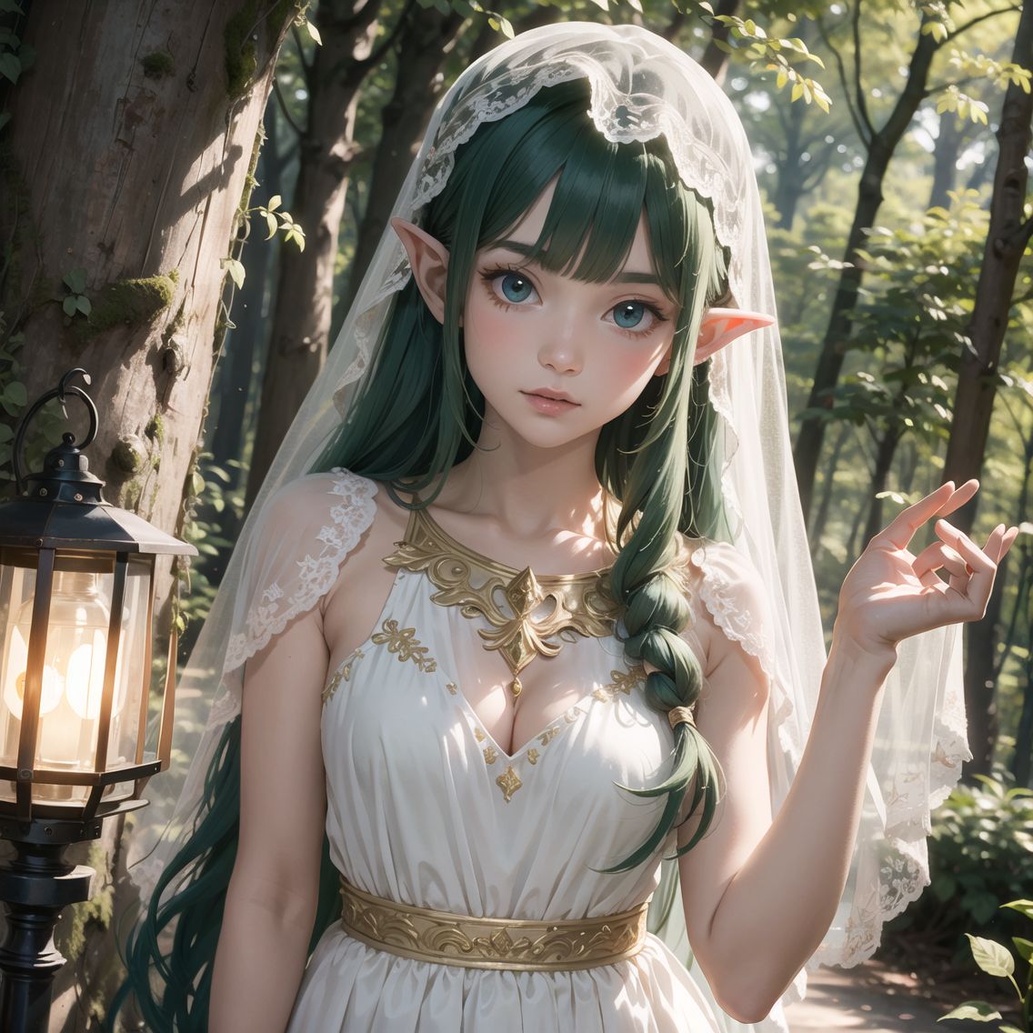 solo elf girl,
16 years old,
Long green hair,
Wearing a mysterious veil,
Elven dress in white and green with golden accents,
Holding a lantern softly glowing with magical light,

Secret forest party,
Ancient trees adorned with fairy lights,
Mystical creatures playfully interacting in the background,
Soft music emanating from unseen sources,

Warm and inviting atmosphere,
BLAKE,
High resolution,
Close-up shot to emphasize her mysterious aura,
Shot with a bokeh effect to enhance the magical setting,
Natural light filtering through the trees,
Extremely detailed CG to capture the texture of her dress and the intricate design of her veil,
8K quality to showcase the vibrant colors of the forest and the ethereal glow of the lantern,
Ethereal, innocent, and enigmatic presence,
She embodies the elegance and mystery of the elven race,