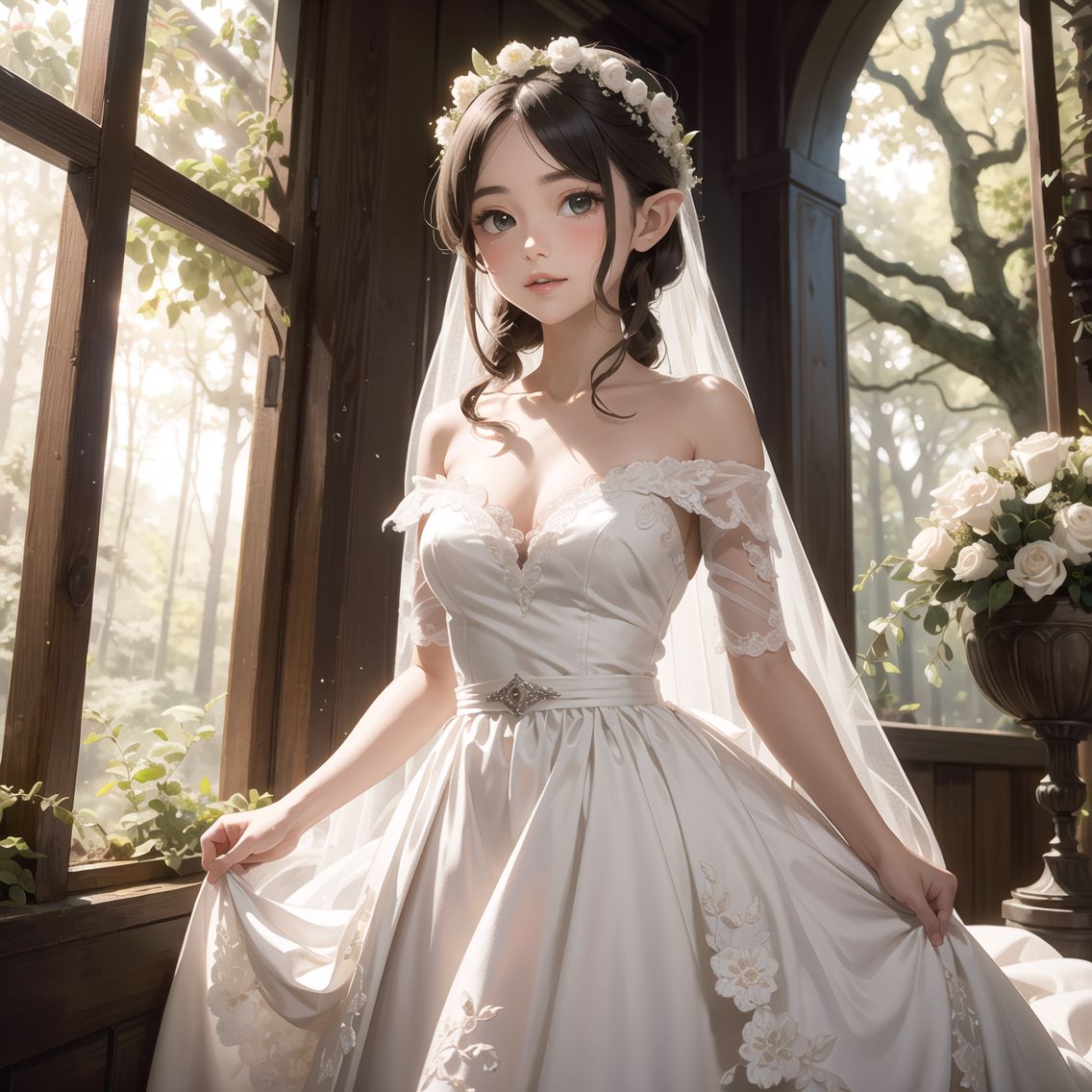 solo elf girl,
18 years old,
Long silver hair with delicate braids,
Wearing a full-body lace wedding dress with transparent embroidery,
Covered by a silk veil,
Slight blush on her cheeks as she looks down modestly,
Surrounded by forest animals celebrating,
Details of fur on each animal in 3D,
Sunlight showering through the forest canopy,
High contrast image to enhance the magical atmosphere,
Extremely detailed CG of a beautiful Japanese anime-style elf bride,
In a forest setting filled with magical creatures,
Captured in a high-resolution, 3D representation to emphasize the texture of her dress and veil,
The image shows her in a wedding ceremony, surrounded by a variety of enchanted forest animals,
The lighting is designed to highlight her silhouette and the intricate details of the lace dress,
A moment of pure enchantment and joy, with the forest itself participating in the celebration,
A masterful composition that tells a story of love, magic, and communal joy within an ethereal woodland setting,
elf bride's face,
Bride's eyes gazing lovingly at the groom,
radiant beauty,
Upward glance,
Flushed cheeks,
porcelain skin,
glowing softly,
high cheekbones,
dusted with a rosy blush,
large, almond-shaped eyes,
sparkling with joy,
deep emerald green,
framed by long, dark lashes,
arched eyebrows,
gracefully defining her expression,
small, delicate nose,
soft, pink lips,
curved into a tender smile,
moment of pure happiness,
slight upward glance,
conveying love and devotion,
a masterpiece of elegance,
accentuated by the soft light,
reflecting the myriad colors,
ethereal,
captivating presence,
unforgettable vision of beauty and grace,
Wedding dress adorned with intricate lace and aquamarine beading,
elaborate wedding dress,
sweeping train,
crafted from the finest silk,
embellished with intricate lace detailing,
adorned with sparkling aquamarine beads,
glimmering with every movement,
delicate floral embroidery,
woven with silver threads,
creating a radiant shimmer,
fitted bodice,
accentuating her slender figure,
flowing into a full, voluminous skirt,
layers of soft tulle,
creating an ethereal silhouette,
off-shoulder sleeves,
draped elegantly,
revealing a hint of her delicate collarbones,
cinched at the waist with a beaded belt,
highlighting her graceful posture,
the dress radiates with a majestic glow,
capturing the enchantment of a fairytale,
in the kaleidoscopic light of the forest,
optimal screen composition,
bride centered,
close-up shot,
framing her from waist up,
focus on her radiant expression,
soft, diffused lighting,
highlighting her features,
creating depth and dimension,
colors casting a halo around her,
warm, golden hour light,
enhancing the natural glow of her skin,
shadows gently sculpting her face,
emphasizing her delicate features,
additional fill light,
softening any harsh shadows,
ensuring every detail is visible,
reflectors positioned to bounce light,
illuminating her from the front,
creating a balanced exposure,
the lighting scheme,
meticulously designed to capture her ethereal beauty,
camera angle slightly below eye level,
capturing her upward glance,
conveying a sense of intimacy and reverence,
depth of field shallow,
blurring the background slightly,
keeping the focus on her,
yet allowing the colors of the glass to envelop her,
the composition and lighting,
working in harmony,
to create a captivating,
timeless image of the bride