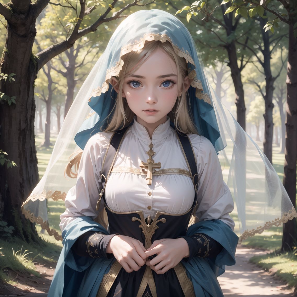 Elven girl,
16 years old,
Long silver, blonde hair,
Pale blue eyes,
Face covered with a transparent protective veil,
expression showing determination and hope,
Medium shot, cowboy shot, shot showing up to her thighs,
Frontal shot capturing her expressive face,
protective rune-patterned veil around her shoulders,
Background of old trees and mysterious mist,
Glowing mushrooms and magical plants faintly illuminate her face,
The veil flutters in the wind, adding movement,
Soft golden light accentuates her features and suggests guidance,
The camera focuses on her upper body, emphasising clarity and emotion,
The natural ambient light and magical highlights highlight her determination,

Blake.
High resolution,
Highly detailed CG,
8K quality in 2.5D,
Idol cosplayers,
Image captures a key moment of emotional depth in a fantasy story,
upper-body shots designed to emphasise her role as a central character,
Camera Lady, which expresses her resilience and the magic of the veil,
Her face tells a story of courage and the quest for freedom,
ethereal beauty framed by the magical elements around her,
The composition balances intimacy with the vast mystery of her journey,

The images are shot in a fairytale-like setting, reflecting moments of intense personal discovery,
Produced by a team of professional photographers, lighting specialists and visual effects artists using high-end equipment,
Meticulously designed to capture the moving and magical moments of her story.