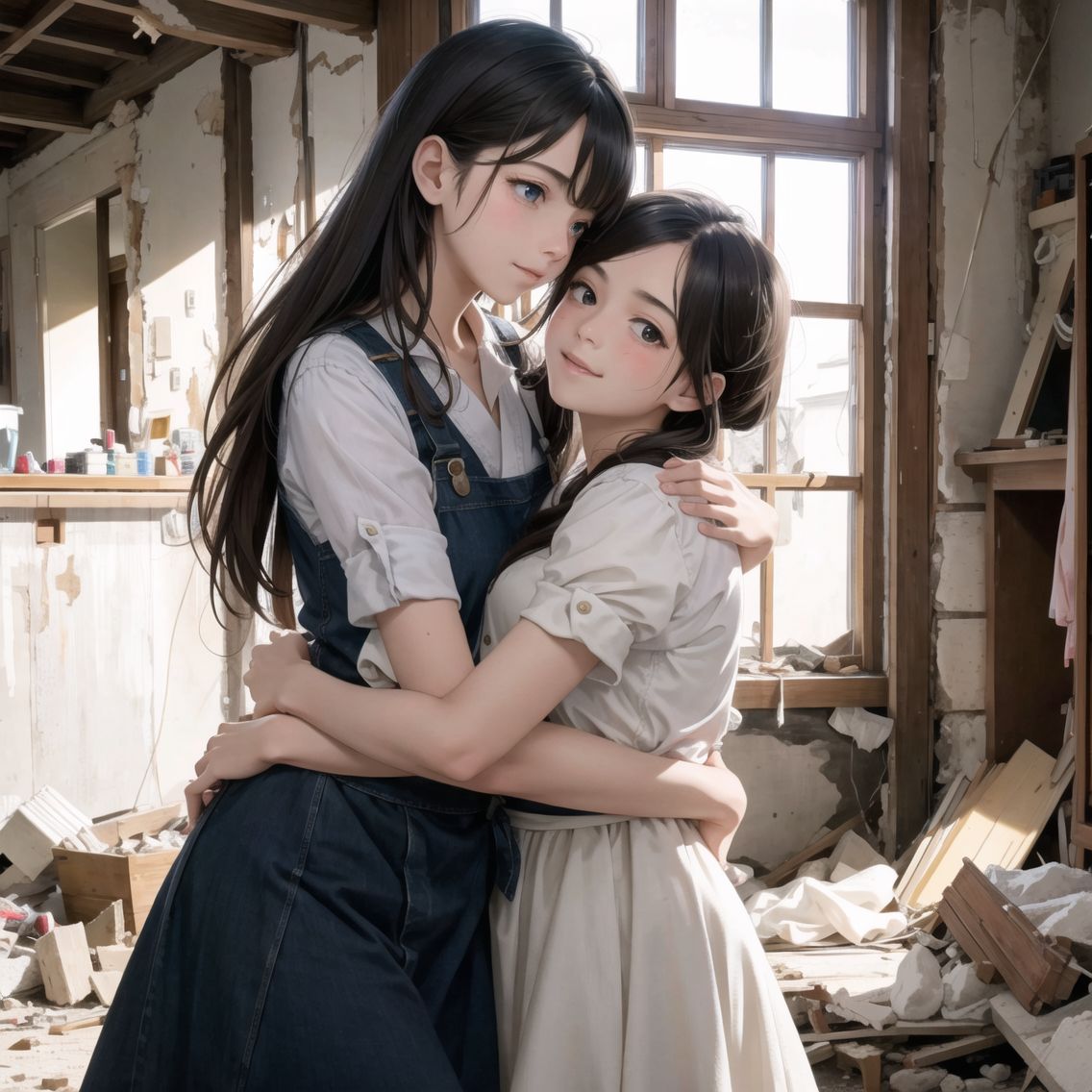 injured elder sister returning,
Welcomed joyfully by her younger sisters,
Amidst the wreckage of their once cherished home,

Elder sister, battered and bruised, yet carrying an aura of resilience,
Younger sisters, faces brightening with joy upon seeing their returned sibling,
Tender embraces amidst the ruins, a glimmer of hope in the devastation,

Background of their shattered home, a stark reminder of the battle's toll,
Pieces of their former life scattered around, yet the reunion brings a moment of warmth,
Expressions of relief and love, overshadowing the grimness of their surroundings,

Soft, warm lighting focusing on the siblings, creating a beacon of hope in the darkness,
Close-up shots capturing the emotional reunion, tears mixing with smiles,
Camera movements gentle and nurturing, focusing on the bond between the sisters against the backdrop of their ruined home,

High-resolution,
Extremely detailed CG,
8K quality in 2.5D,

BLAKE,
Portraying beautiful Japanese anime girls in 2.5D,
She is an idol cosplayer,
Image shows a publicity still shot of a scene from the film,
Shot to make her look good as the main character in the film,

Close-up shot,
Cowboy shot,
Camera eye,
She has a natural talent for captivating the reader,
She makes the most charming, photographed expressions,
Innocence,
Able to make flirtatious facial expressions,
Embodies the image of a girl who is acceptable to men,
Lolita taste,
Fresh poses of pure and innocent girls,

Shooting on an open set,
Professional equipment,
High-quality work by first-class photographers, lighting designers and make-up artists,
Screen composition with attention to detail,