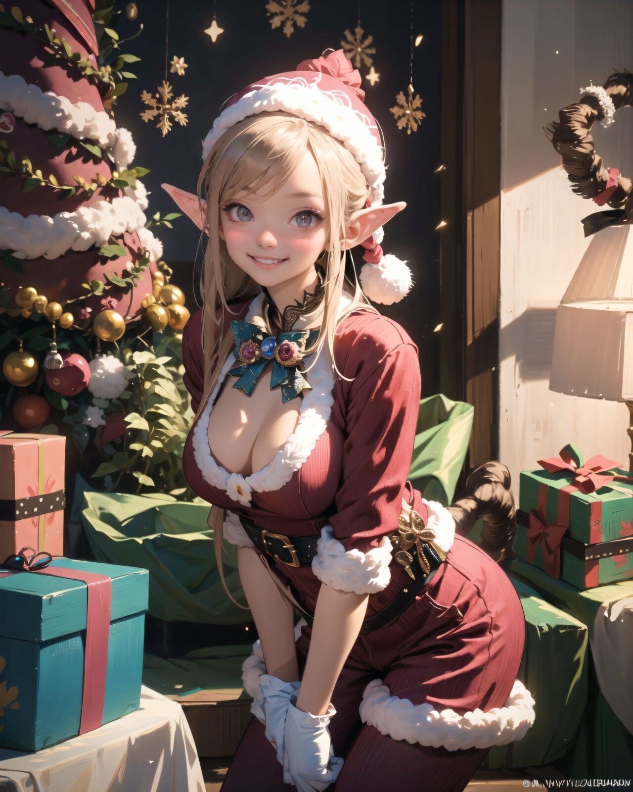 (A Fantasy world of another dimension:1.8),
(3 elf girls:1.3), close-up shot,

(her breasts completely beauty:1.7),

well-rounded breasts, happiness, depth of field,

(The room in the background is decorated in soft, girlish colors. The room has been enchanted, and a gentle light illuminates the many items in the room:1.4),
(The girl is wearing a confident smile:1.2),
(The whole screen is a scene where fantasy elements and her erotic-kawaii charm fuse together:1.7),



( I put on my favourite Santa costume and it was photo time! The photo shoot was in the warm living room, with a glittering Christmas tree in the background. My theme was ?cute but also a little mature Santa?. During the shoot, I struggled to get a natural smile, but the photographer's kind words of ?Just be yourself!? helped me out:1.8),