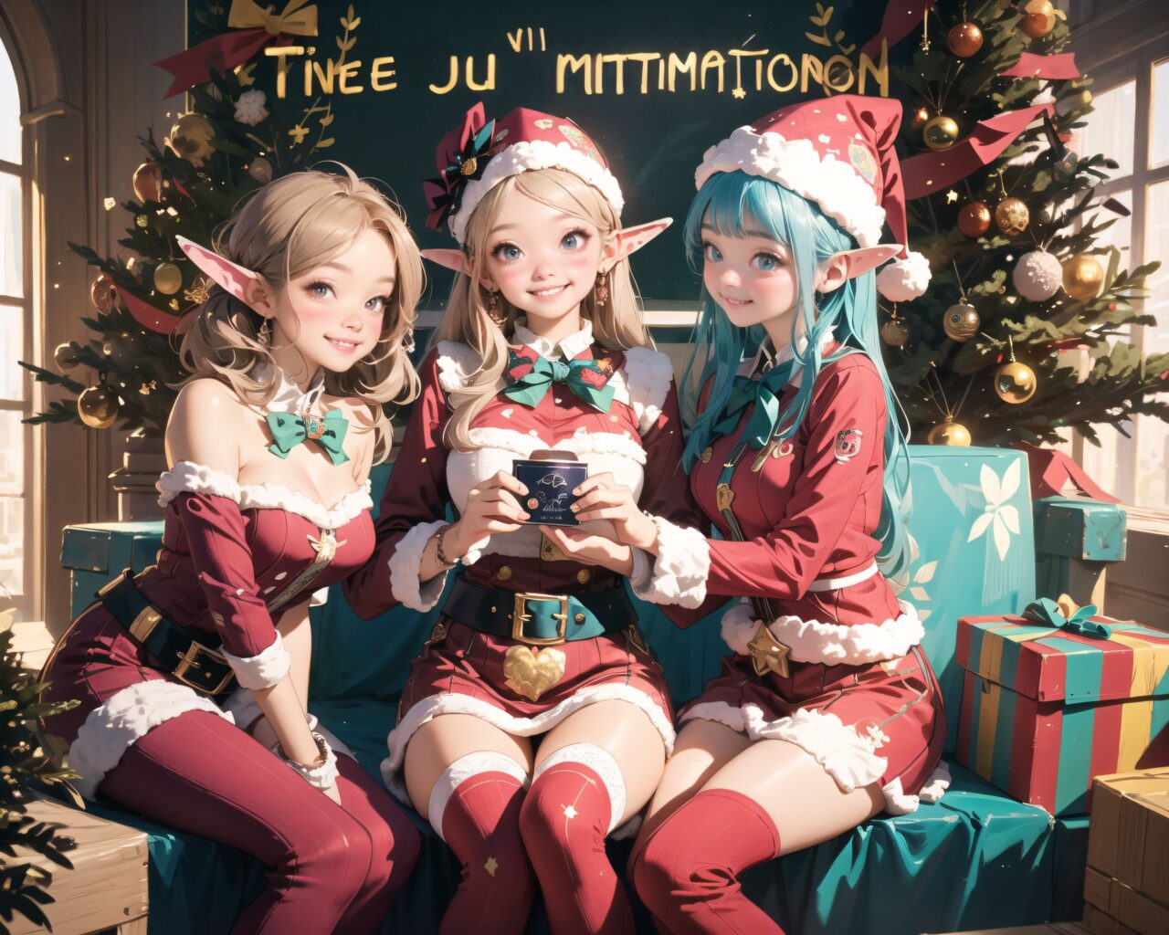 (A Fantasy world of another dimension:1.8),
(Three elf girls are gathered together:1.7), close-up shot,

well-rounded breasts, happiness, depth of field,

(The room in the background is decorated in soft, girlish colors. The room has been enchanted, and a gentle light illuminates the many items in the room:1.4),
(The girl is wearing a confident smile:1.2),
(The whole screen is a scene where fantasy elements and her erotic-kawaii charm fuse together:1.7),



( I put on my favourite Santa costume and it was photo time! The photo shoot was in the warm living room, with a glittering Christmas tree in the background. My theme was ?cute but also a little mature Santa?. During the shoot, I struggled to get a natural smile, but the photographer's kind words of ?Just be yourself!? helped me out:1.8),