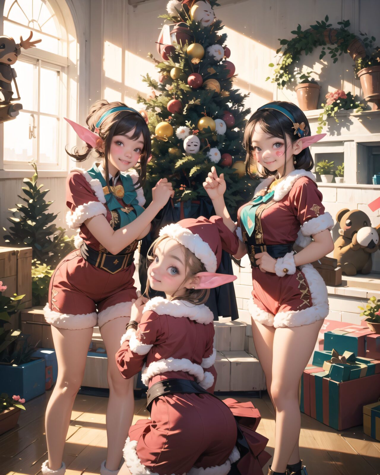 (A Fantasy world of another dimension:1.8),
(Three elf girls are gathered together:1.7), close-up shot,

well-rounded breasts, happiness, depth of field,

(The room in the background is decorated in soft, girlish colors. The room has been enchanted, and a gentle light illuminates the many items in the room:1.4),
(The girl is wearing a confident smile:1.2),
(The whole screen is a scene where fantasy elements and her erotic-kawaii charm fuse together:1.7),



( I put on my favourite Santa costume and it was photo time! The photo shoot was in the warm living room, with a glittering Christmas tree in the background. My theme was ?cute but also a little mature Santa?. During the shoot, I struggled to get a natural smile, but the photographer's kind words of ?Just be yourself!? helped me out:1.8),