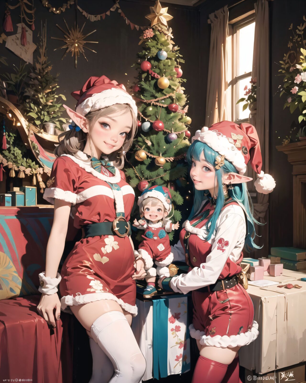 (A Fantasy world of another dimension:1.8),
(Three elf girls are gathered together:1.7), close-up shot,

well-rounded breasts, happiness, depth of field,

(The room in the background is decorated in soft, girlish colors. The room has been enchanted, and a gentle light illuminates the many items in the room:1.4),
(The girl is wearing a confident smile:1.2),
(The whole screen is a scene where fantasy elements and her erotic-kawaii charm fuse together:1.7),



( I put on my favourite Santa costume and it was photo time! The photo shoot was in the warm living room, with a glittering Christmas tree in the background. My theme was ?cute but also a little mature Santa?:1.8),