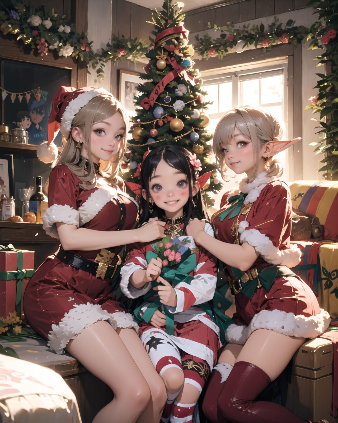 (A Fantasy world of another dimension:1.8),
(Three elf girls are gathered together:1.7), close-up shot,

well-rounded breasts, happiness, depth of field,

(The room in the background is decorated in soft, girlish colors. The room has been enchanted, and a gentle light illuminates the many items in the room:1.4),
(The girl is wearing a confident smile:1.2),
(The whole screen is a scene where fantasy elements and her erotic-kawaii charm fuse together:1.7),



( I put on my favourite Santa costume and it was photo time! The photo shoot was in the warm living room, with a glittering Christmas tree in the background. My theme was ?cute but also a little mature Santa?:1.8),