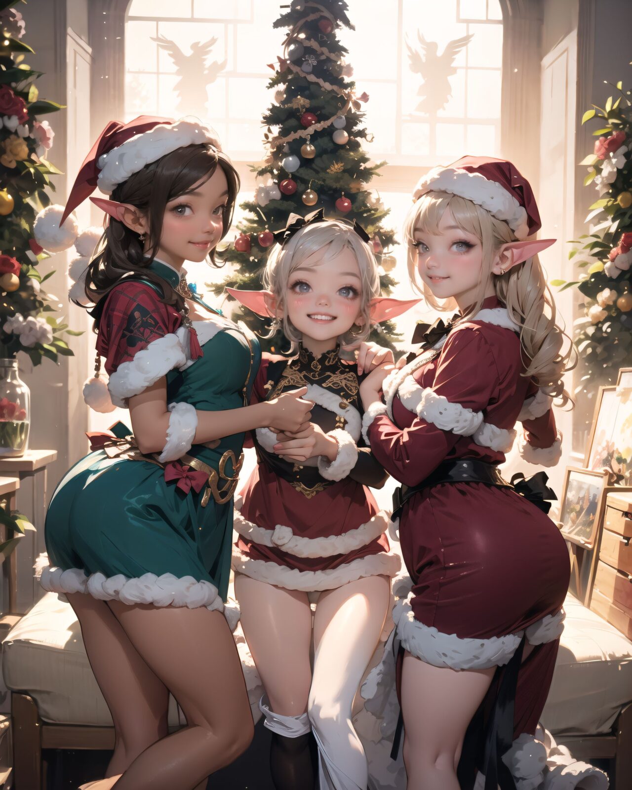 (A Fantasy world of another dimension:1.8),
(Three elf girls are gathered together:1.7), close-up shot,

well-rounded breasts, happiness, depth of field,

(The room in the background is decorated in soft, girlish colors. The room has been enchanted, and a gentle light illuminates the many items in the room:1.4),
(The girl is wearing a confident smile:1.2),
(The whole screen is a scene where fantasy elements and her erotic-kawaii charm fuse together:1.7),



( I put on my favourite Santa costume and it was photo time! The photo shoot was in the warm living room, with a glittering Christmas tree in the background. My theme was ?cute but also a little mature Santa?:1.8),