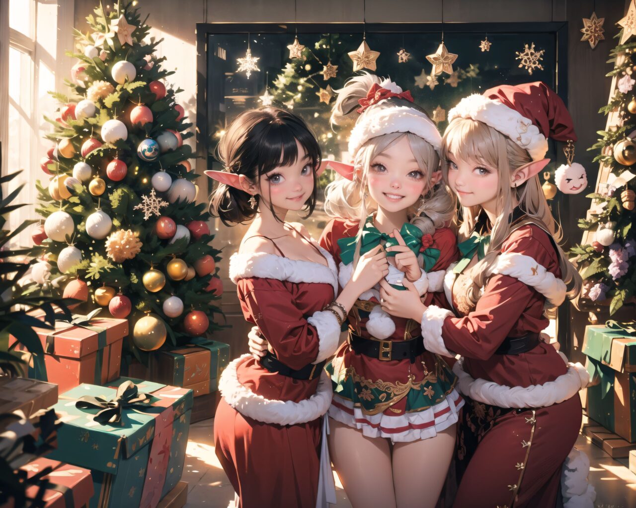 (A Fantasy world of another dimension:1.8),

(brightly illuminates the front of her face:1.7),
(kawaii face:1.3),ngentle smile, shy demeanour, (Idol smile with a innocence:1.3),


(Three elf girls are gathered together:1.7), close-up shot,

well-rounded breasts, happiness, depth of field,

(The room in the background is decorated in soft, girlish colors. The room has been enchanted, and a gentle light illuminates the many items in the room:1.4),
(The girl is wearing a confident smile:1.2),
(The whole screen is a scene where fantasy elements and her erotic-kawaii charm fuse together:1.7),



( I put on my favourite Santa costume and it was photo time! The photo shoot was in the warm living room, with a glittering Christmas tree in the background. My theme was ?cute but also a little mature Santa?:1.8),