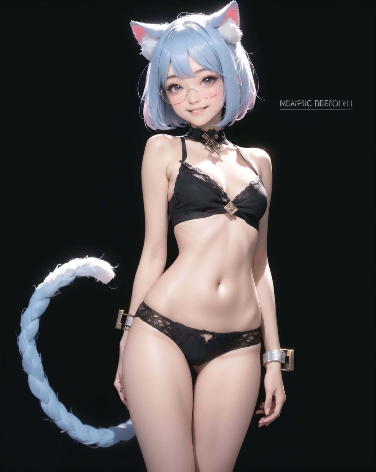 1girl, 
bobble, 

virtual youtuber, blush, underwear, bob cut, short hair, small breasts, simple background, closed mouth, looking at viewer, character name, pink eyes, black-framed eyewear, animal ear fluff, blue hair, english text, extra pupils, medium breasts, white background, cat girl, smile, full body, tail, cat ears, glasses, panties, cleavage, cat teaser, light blush, heterochromia, animal ears, blue skin, purple eyes, colored skin, breasts, navel, multicolored skin, strap slip