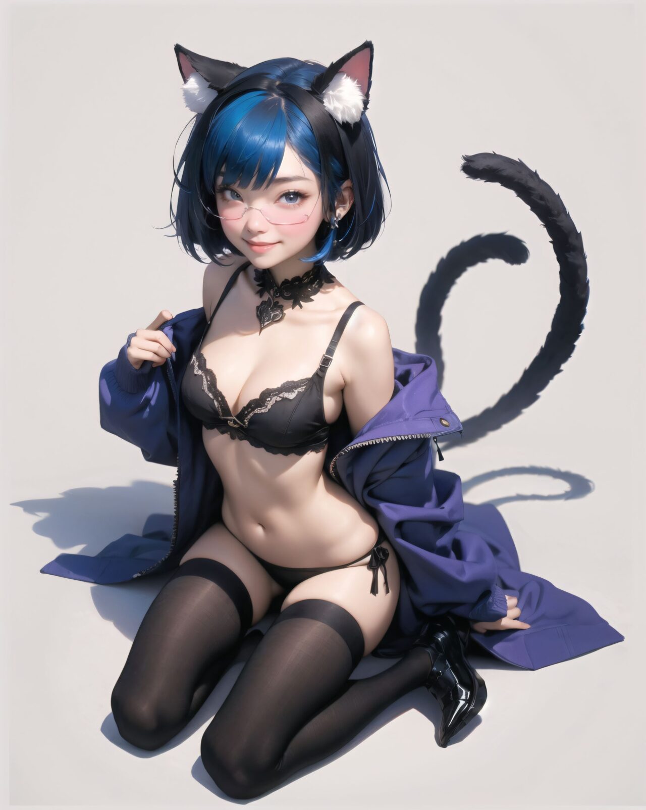 1girl, 
bobble, 

virtual youtuber, blush, underwear, bob cut, short hair, small breasts, simple background, closed mouth, looking at viewer, character name, pink eyes, black-framed eyewear, animal ear fluff, blue hair, english text, extra pupils, medium breasts, white background, cat girl, smile, full body, tail, cat ears, glasses, panties, cleavage, cat teaser, light blush, heterochromia, animal ears, blue skin, purple eyes, colored skin, breasts, navel, multicolored skin, strap slip