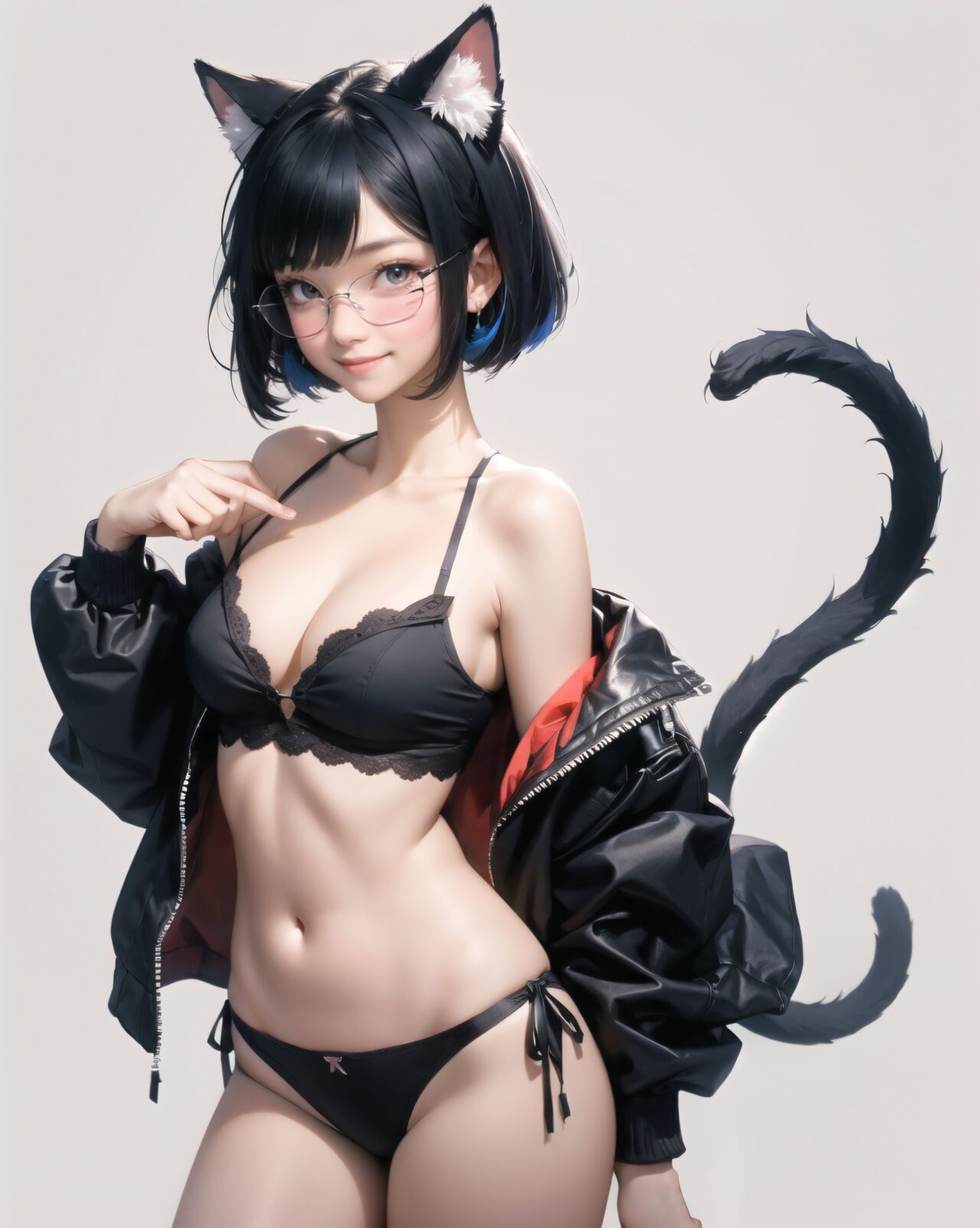 1girl, 

virtual youtuber, blush, underwear, bob cut, short hair, small breasts, simple background, closed mouth, looking at viewer, character name, pink eyes, black-framed eyewear, animal ear fluff, blue hair, english text, extra pupils, medium breasts, white background, cat girl, smile, full body, tail, cat ears, glasses, panties, cleavage, cat teaser, light blush, heterochromia, animal ears, blue skin, purple eyes, colored skin, breasts, navel, multicolored skin, strap slip, bobbles, solo