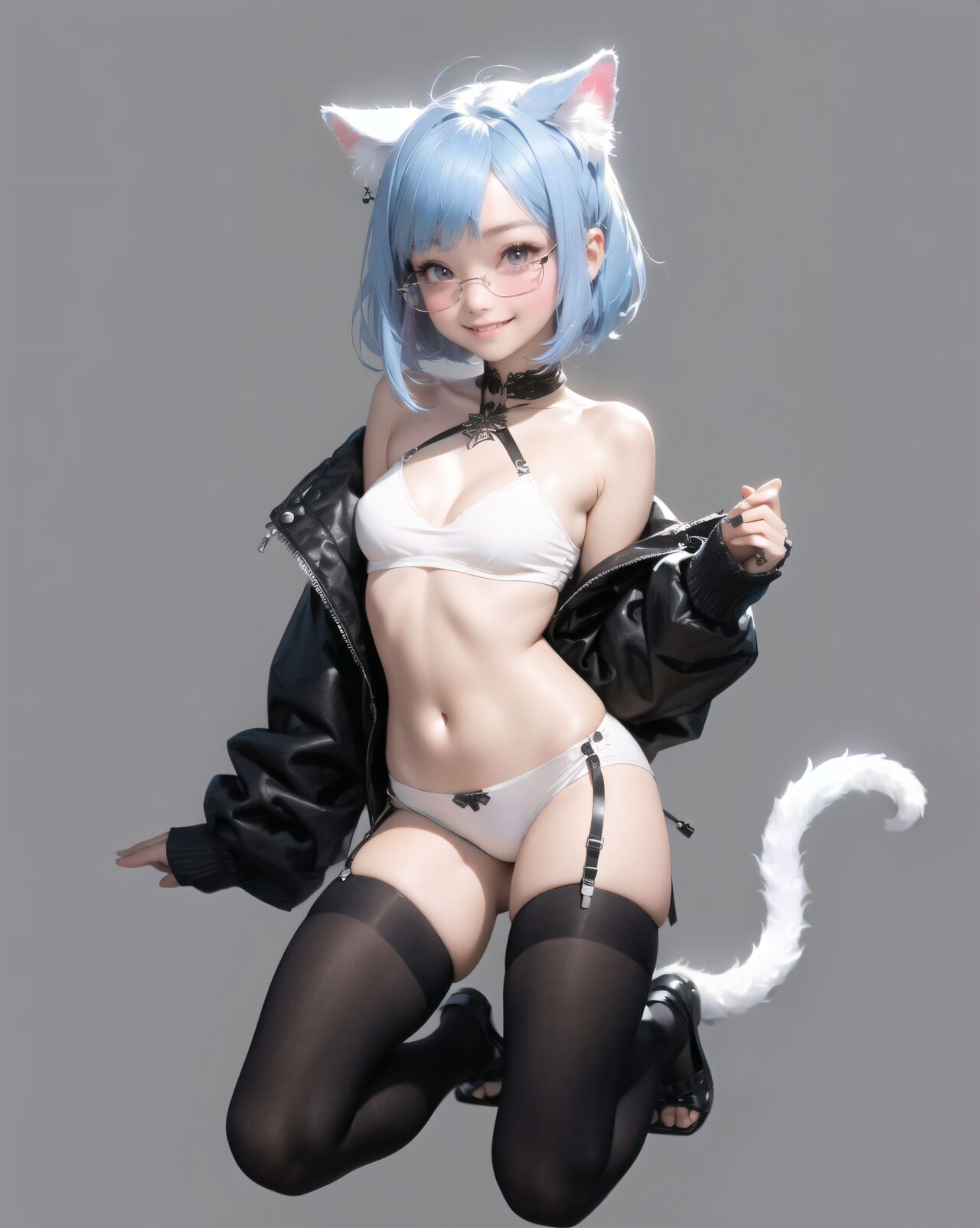 1girl, 
bobble, 

virtual youtuber, blush, underwear, bob cut, short hair, small breasts, simple background, closed mouth, looking at viewer, character name, pink eyes, black-framed eyewear, animal ear fluff, blue hair, english text, extra pupils, medium breasts, white background, cat girl, smile, full body, tail, cat ears, glasses, panties, cleavage, cat teaser, light blush, heterochromia, animal ears, blue skin, purple eyes, colored skin, breasts, navel, multicolored skin, strap slip