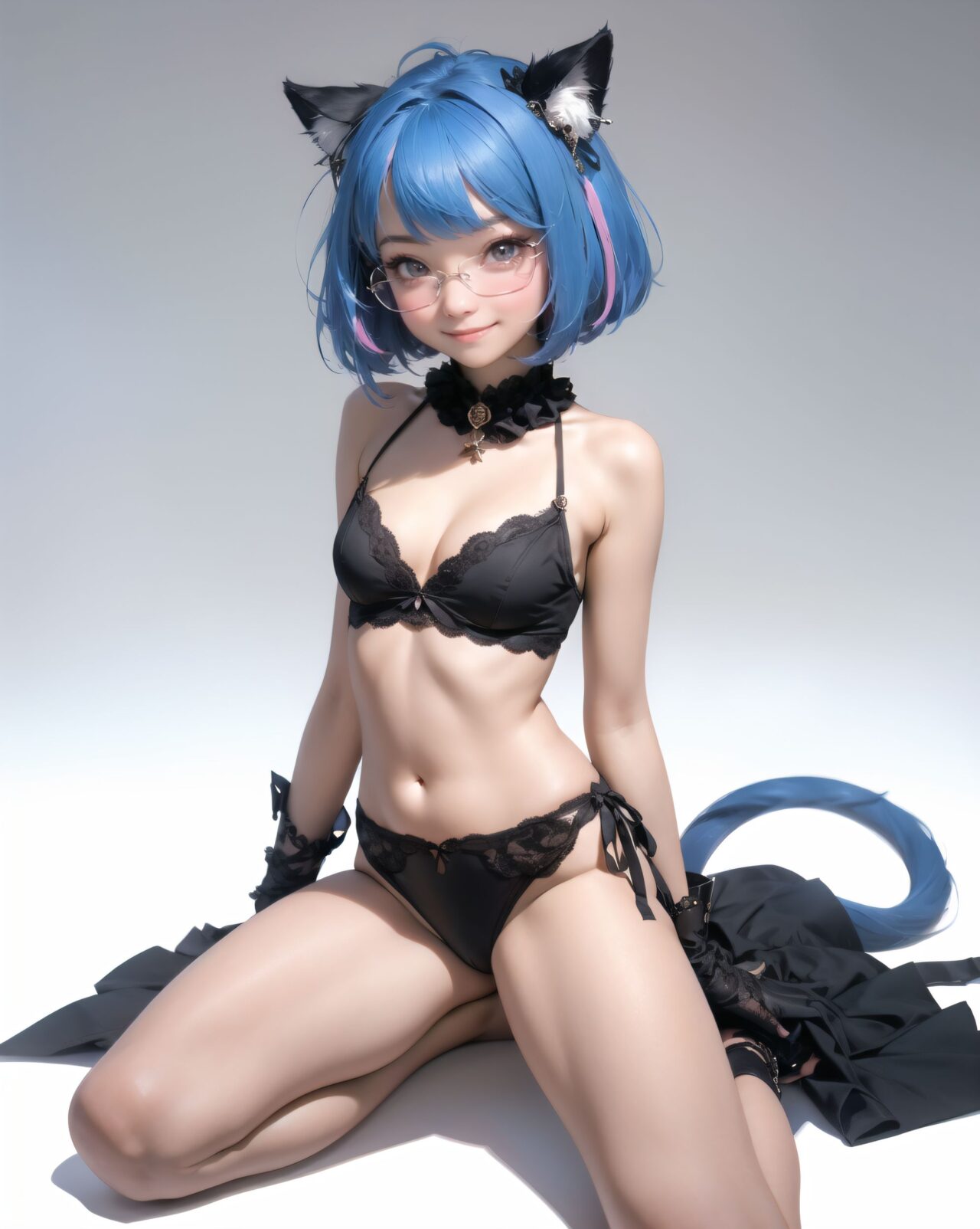 1girl, 
bobble, 

virtual youtuber, blush, underwear, bob cut, short hair, small breasts, simple background, closed mouth, looking at viewer, character name, pink eyes, black-framed eyewear, animal ear fluff, blue hair, english text, extra pupils, medium breasts, white background, cat girl, smile, full body, tail, cat ears, glasses, panties, cleavage, cat teaser, light blush, heterochromia, animal ears, blue skin, purple eyes, colored skin, breasts, navel, multicolored skin, strap slip