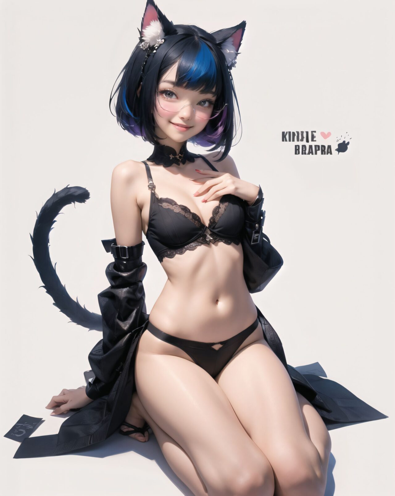 1girl, 
bobble, 

virtual youtuber, blush, underwear, bob cut, short hair, small breasts, simple background, closed mouth, looking at viewer, character name, pink eyes, black-framed eyewear, animal ear fluff, blue hair, english text, extra pupils, medium breasts, white background, cat girl, smile, full body, tail, cat ears, glasses, panties, cleavage, cat teaser, light blush, heterochromia, animal ears, blue skin, purple eyes, colored skin, breasts, navel, multicolored skin, strap slip