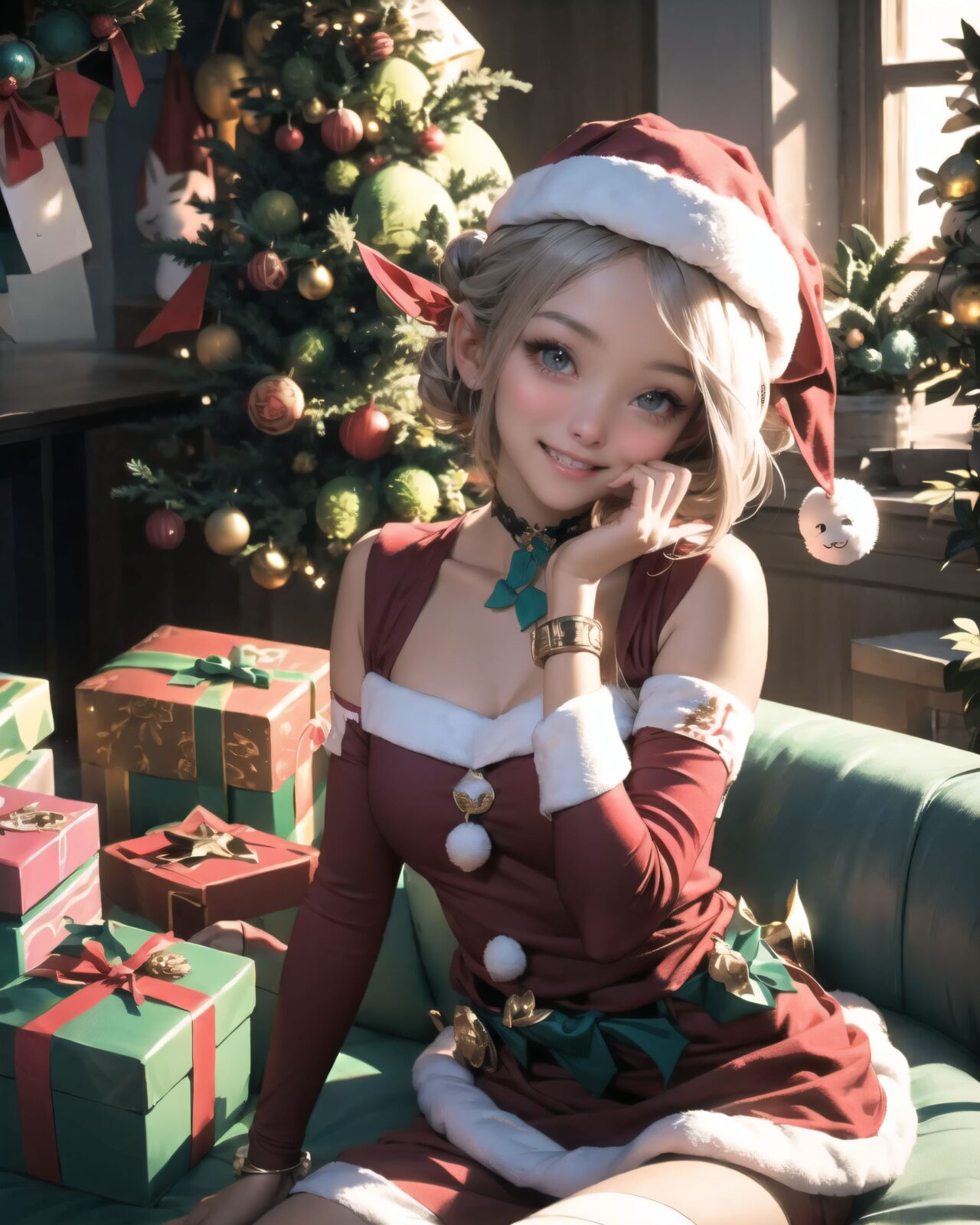 (A Fantasy world of another dimension:1.4),

(short ear elf girl close-up shot:1.3),
(brightly illuminates the front of her face:1.7),
(kawaii face:1.3),ngentle smile, shy demeanour, (Idol smile with a innocence:1.3),

( I put on my favourite Santa costume and it was photo time! The photo shoot was in the warm living room, with a glittering Christmas tree in the background. My theme was ?cute but also a little mature Santa?:1.8),

happiness room, depth of field,

(The room in the background is decorated in soft, girlish colors. The room has been enchanted, and a gentle light illuminates the many items in the room:1.4),
(The girl is wearing a confident smile:1.2),
(The whole screen is a scene where fantasy elements and her erotic-kawaii charm fuse together:1.7),


BLAKE


A charming 16-year-old elf girl with long, pointed ears, displaying an innocent and youthful expression,

She has a gentle smile and soft blushing cheeks, with a shy personality and attitude,

Her face is incredibly kawaii like an idol, with her mouth lightly closed, smiling with the corners of her mouth turned up, and full pouty lips,

(Her dark deep green eyes complement her stylish short silver hair with a delicate flow, adorned with a silver hairpiece:1.1),

She wears a green blouse with a frilled neckline, a corset top with golden cross-stitching, an emerald green cape shoulder-clasped with a golden brooch,

Her outfit includes leaf-shaped shoulder pauldrons, wrist cuffs with green cloth, and a multi-layered skirt with golden trim on the hem,

She accessorizes with a leather utility belt with a pouch, thigh-high boots, contrasting colors, and golden accessories including a necklace, bracelets, and an intricate golden armband,

Additional features include a green sleeveless blouse, a white top, a brown leather corset with gold trim, an emerald pendant necklace, a dark cape with a gold clasp, and bracers on her forearms,

Her outfit is further detailed with a puff-sleeve blouse, a deep moss green skirt with pleats, sheer white stockings, gold ankle bracelets, a golden wrist cuff, a black choker with a golden pendant, and hair ties with black ribbons,

Her cheeks have a warm blush, and she has small golden buttons down the front of the bodice,

She carries a small dagger sheathed at her waist, wears black fingerless gloves, intricate lace detailing adorns her blouse, floral accents are present on her skirt, golden chains drape across the bodice, and she has a golden ring on her finger,

Soft, ambient lighting accentuates the outfit?s details, creating a harmonious blend of traditional fantasy with modern stylistic choices, embodying a timeless yet contemporary elf,

She can be depicted in various poses and settings, making eye contact or looking away, embodying childlike wonder or graceful elegance,

The low angle accentuates her kawaii nature, highlighting the delicate textures of her hair and clothing, with natural light casting soft shadows and accentuating the youthful contours of her face,

She is brought into sharp focus with a shallow depth of field from a 50mm f/1.2 lens, providing beautiful depth-of-field blur with her face in focus,

High-resolution, detailed graphics capture every detail, from individual strands of hair to the intricate fabrics of her costume, with professional-grade clarity and contrast bringing vibrant colors to life,