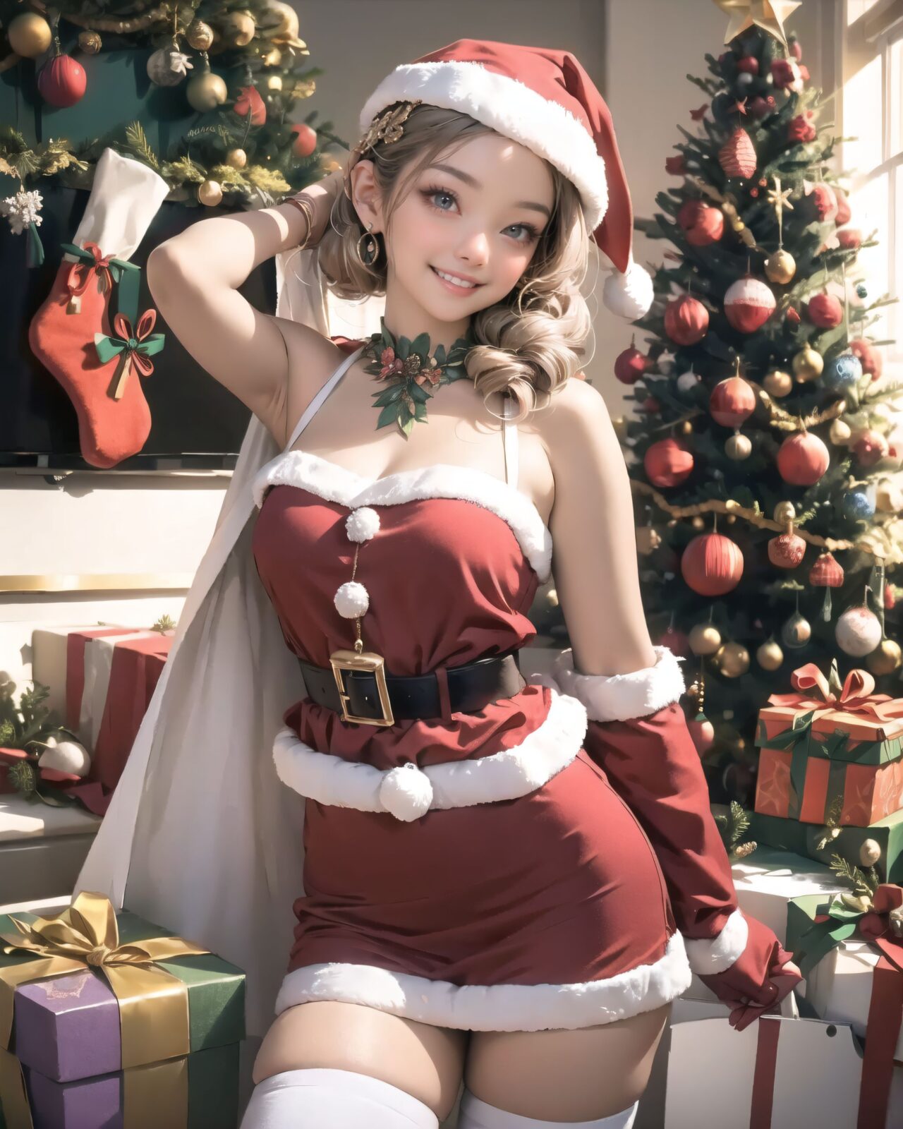 (A Fantasy world of another dimension:1.4),

(short ear elf girl close-up shot:1.3),
(brightly illuminates the front of her face:1.7),
(kawaii face:1.3),ngentle smile, shy demeanour, (Idol smile with a innocence:1.3),

( I put on my favourite Santa costume and it was photo time! The photo shoot was in the warm living room, with a glittering Christmas tree in the background. My theme was ?cute but also a little mature Santa?:1.8),

happiness room, depth of field,

(The room in the background is decorated in soft, girlish colors. The room has been enchanted, and a gentle light illuminates the many items in the room:1.4),
(The girl is wearing a confident smile:1.2),
(The whole screen is a scene where fantasy elements and her erotic-kawaii charm fuse together:1.7),


BLAKE


A charming 16-year-old elf girl with long, pointed ears, displaying an innocent and youthful expression,

She has a gentle smile and soft blushing cheeks, with a shy personality and attitude,

Her face is incredibly kawaii like an idol, with her mouth lightly closed, smiling with the corners of her mouth turned up, and full pouty lips,

(Her dark deep green eyes complement her stylish short silver hair with a delicate flow, adorned with a silver hairpiece:1.1),

She wears a green blouse with a frilled neckline, a corset top with golden cross-stitching, an emerald green cape shoulder-clasped with a golden brooch,

Her outfit includes leaf-shaped shoulder pauldrons, wrist cuffs with green cloth, and a multi-layered skirt with golden trim on the hem,

She accessorizes with a leather utility belt with a pouch, thigh-high boots, contrasting colors, and golden accessories including a necklace, bracelets, and an intricate golden armband,

Additional features include a green sleeveless blouse, a white top, a brown leather corset with gold trim, an emerald pendant necklace, a dark cape with a gold clasp, and bracers on her forearms,

Her outfit is further detailed with a puff-sleeve blouse, a deep moss green skirt with pleats, sheer white stockings, gold ankle bracelets, a golden wrist cuff, a black choker with a golden pendant, and hair ties with black ribbons,

Her cheeks have a warm blush, and she has small golden buttons down the front of the bodice,

She carries a small dagger sheathed at her waist, wears black fingerless gloves, intricate lace detailing adorns her blouse, floral accents are present on her skirt, golden chains drape across the bodice, and she has a golden ring on her finger,

Soft, ambient lighting accentuates the outfit?s details, creating a harmonious blend of traditional fantasy with modern stylistic choices, embodying a timeless yet contemporary elf,

She can be depicted in various poses and settings, making eye contact or looking away, embodying childlike wonder or graceful elegance,

The low angle accentuates her kawaii nature, highlighting the delicate textures of her hair and clothing, with natural light casting soft shadows and accentuating the youthful contours of her face,

She is brought into sharp focus with a shallow depth of field from a 50mm f/1.2 lens, providing beautiful depth-of-field blur with her face in focus,

High-resolution, detailed graphics capture every detail, from individual strands of hair to the intricate fabrics of her costume, with professional-grade clarity and contrast bringing vibrant colors to life,