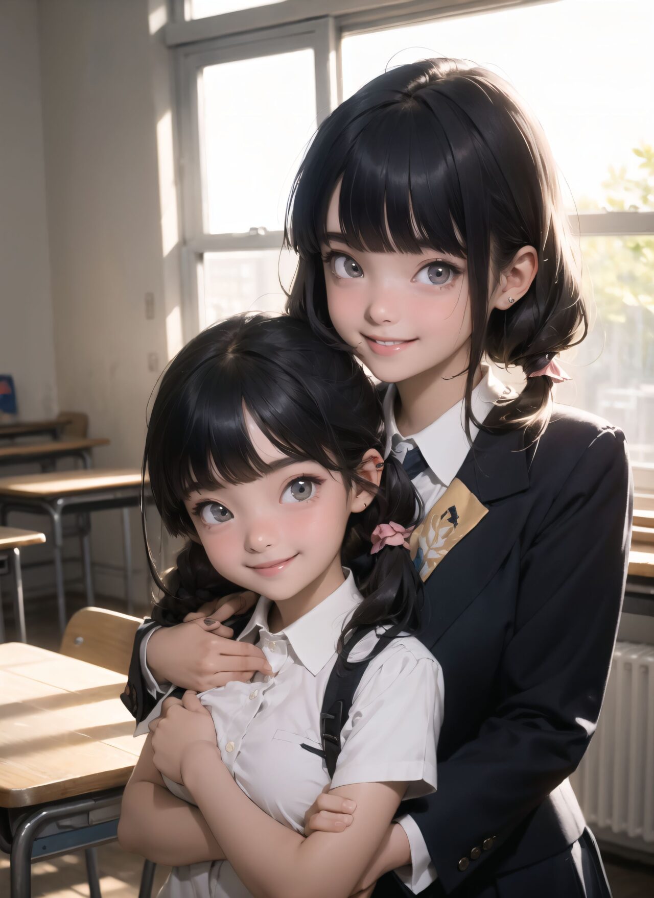 (masterpiece:1.3), (best quality:1.3),photo-realistic,
(2 girls huging:1.8),(solo:-2.0),(cute girls:1.2),kawaii,idol face,(14 years old:1.3),

(Each girl has the same appearance:-1.5),(They have different appearances, and one of them has tareme eyes:1.5),
(All the girls look the same,Same hair color,Same hairstyle,They look alike,They look exactly the same:-1.2),

light pink eyes,beautiful detailed eyes,

(smile:1.9),blush,(soft and smooth skin:1.2),(oily skin:1.2),
(medium breasts:1.2),

(bangs cut: 1.6), curly hair straight hair, side: 1.2, pigtails: 1.4,
beautiful hair,

(School uniform:1.2),blazer,
in class room,

(upper body:1.2),

concept art,
texture,Exquisite and beautiful backgrounds,
absolutely resolution, ultra detaile,intricate,
(8k:1.3),CG, unity , 2k wallpaper,absurdres,