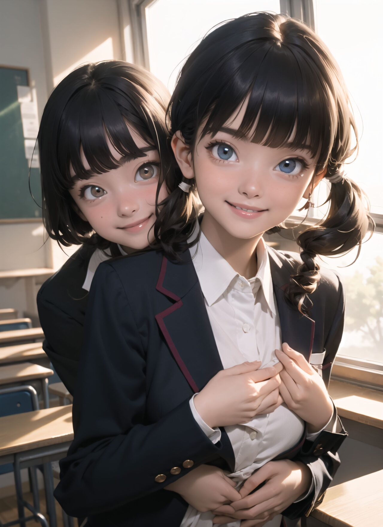 (masterpiece:1.3), (best quality:1.3),photo-realistic,
(2 girls huging:1.8),(solo:-2.0),(cute girls:1.2),kawaii,idol face,(14 years old:1.3),

(Each girl has the same appearance:-1.5),(They have different appearances, and one of them has tareme eyes:1.5),
(All the girls look the same,Same hair color,Same hairstyle,They look alike,They look exactly the same:-1.2),

light pink eyes,beautiful detailed eyes,

(smile:1.9),blush,(soft and smooth skin:1.2),(oily skin:1.2),
(medium breasts:1.2),

(bangs cut: 1.6), curly hair straight hair, side: 1.2, pigtails: 1.4,
beautiful hair,

(School uniform:1.2),blazer,
in class room,

(upper body:1.2),

concept art,
texture,Exquisite and beautiful backgrounds,
absolutely resolution, ultra detaile,intricate,
(8k:1.3),CG, unity , 2k wallpaper,absurdres,