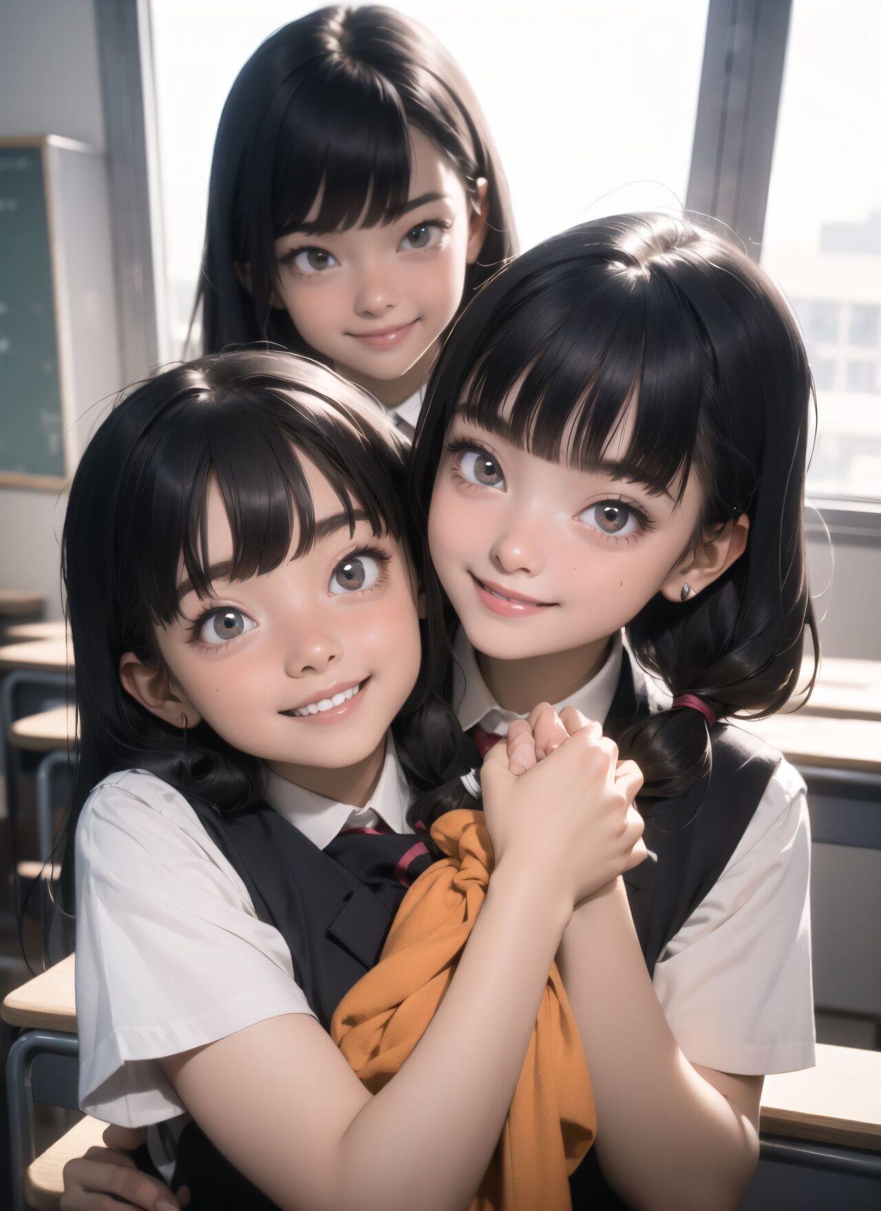 (masterpiece:1.3), (best quality:1.3),photo-realistic,
(2 girls huging:1.8),(solo:-2.0),(cute girls:1.2),kawaii,idol face,(14 years old:1.3),

(Each girl has the same appearance:-1.5),(They have different appearances, and one of them has tareme eyes:1.5),
(All the girls look the same,Same hair color,Same hairstyle,They look alike,They look exactly the same:-1.2),

light pink eyes,beautiful detailed eyes,

(smile:1.9),blush,(soft and smooth skin:1.2),(oily skin:1.2),
(medium breasts:1.2),

(bangs cut: 1.6), curly hair straight hair, side: 1.2, pigtails: 1.4,
beautiful hair,

(School uniform:1.2),blazer,
in class room,

(upper body:1.2),

concept art,
texture,Exquisite and beautiful backgrounds,
absolutely resolution, ultra detaile,intricate,
(8k:1.3),CG, unity , 2k wallpaper,absurdres,