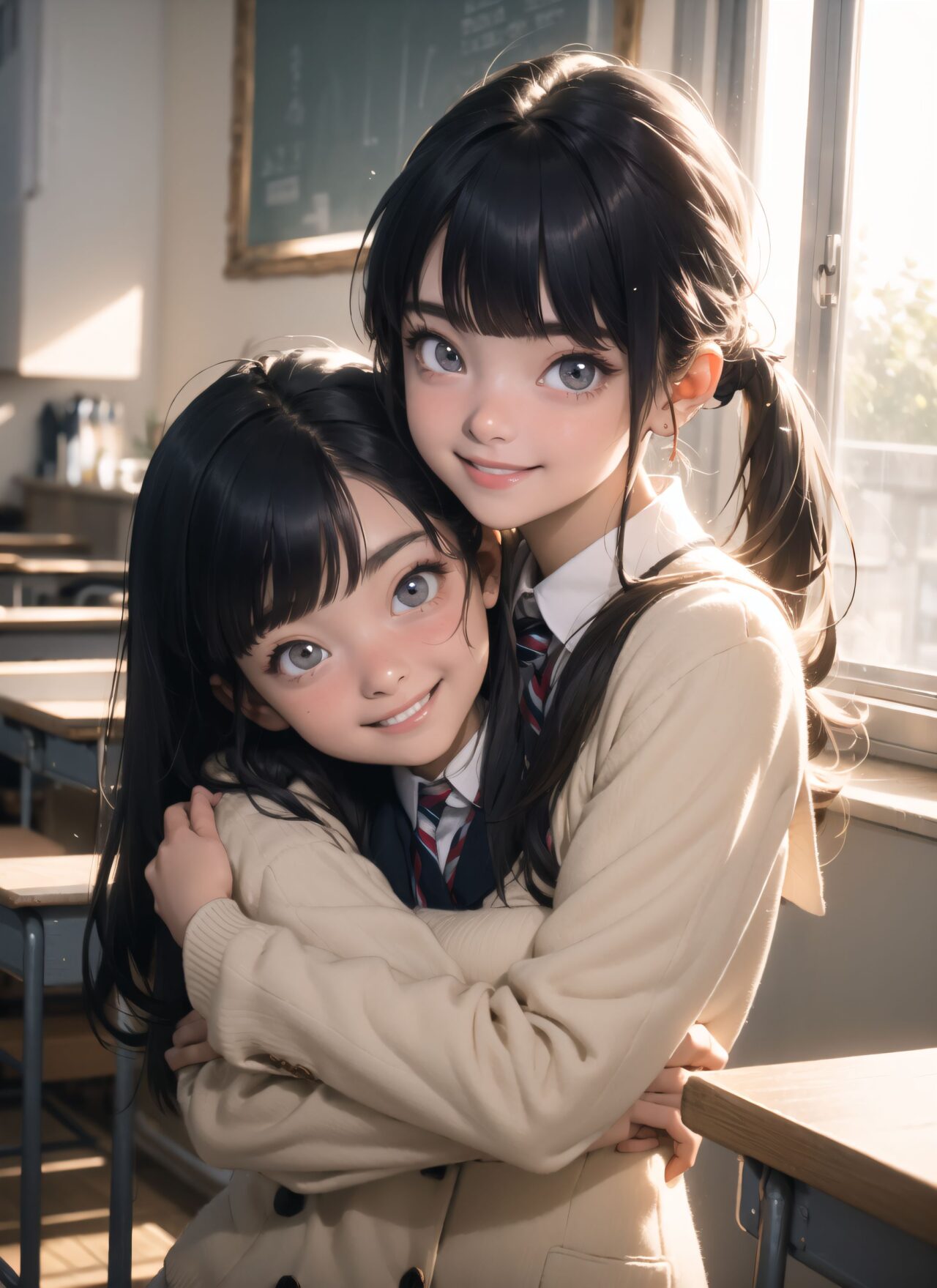 (masterpiece:1.3), (best quality:1.3),photo-realistic,
(2 girls huging:1.8),(solo:-2.0),(cute girls:1.2),kawaii,idol face,(14 years old:1.3),

(Each girl has the same appearance:-1.5),(They have different appearances, and one of them has tareme eyes:1.5),
(All the girls look the same,Same hair color,Same hairstyle,They look alike,They look exactly the same:-1.2),

light pink eyes,beautiful detailed eyes,

(smile:1.9),blush,(soft and smooth skin:1.2),(oily skin:1.2),
(medium breasts:1.2),

(bangs cut: 1.6), curly hair straight hair, side: 1.2, pigtails: 1.4,
beautiful hair,

(School uniform:1.2),blazer,
in class room,

(upper body:1.2),

concept art,
texture,Exquisite and beautiful backgrounds,
absolutely resolution, ultra detaile,intricate,
(8k:1.3),CG, unity , 2k wallpaper,absurdres,