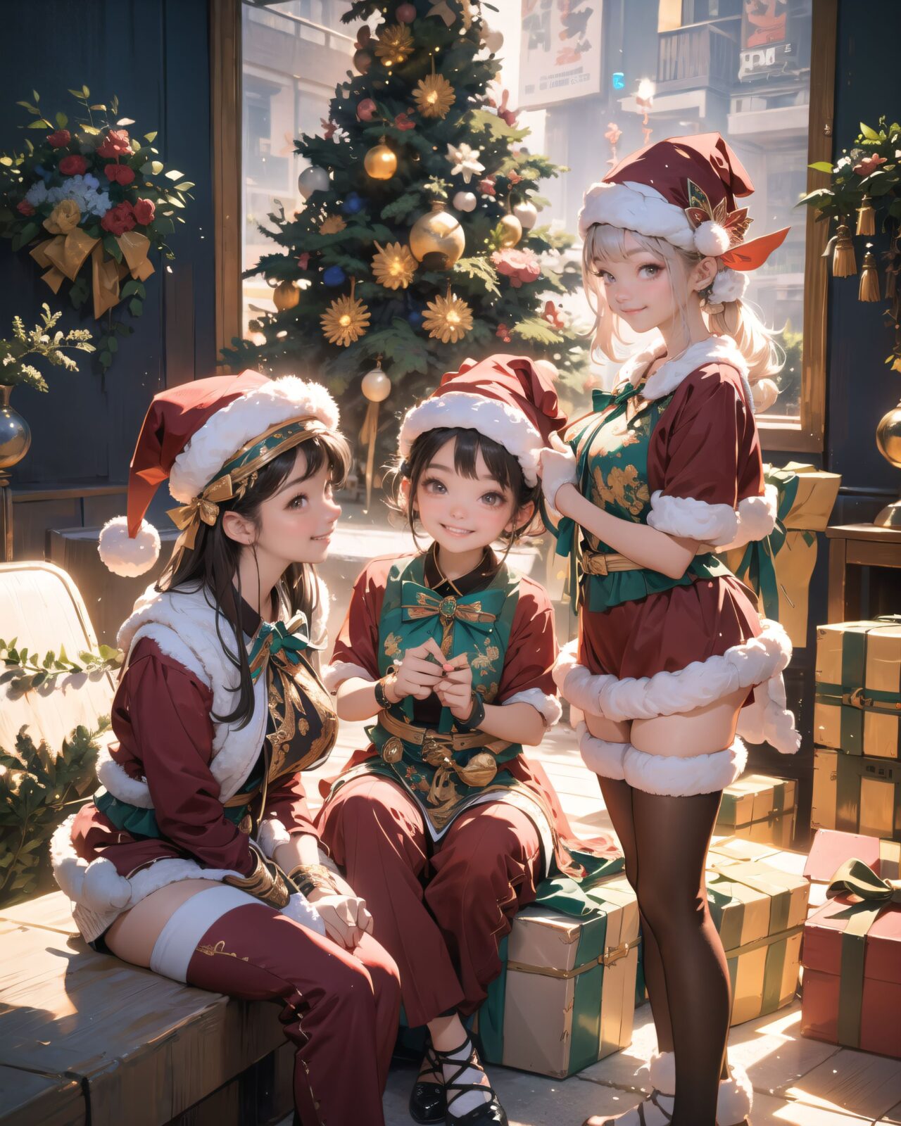 (A Fantasy world of another dimension:1.8),

(Three elf girls are gathered together:1.7), close-up shot,
(brightly illuminates the front of her face:1.7),
(kawaii face:1.3),ngentle smile, shy demeanour, (Idol smile with a innocence:1.3),

happiness room, depth of field,

(The room in the background is decorated in soft, girlish colors. The room has been enchanted, and a gentle light illuminates the many items in the room:1.4),
(The girl is wearing a confident smile:1.2),
(The whole screen is a scene where fantasy elements and her erotic-kawaii charm fuse together:1.7),



( I put on my favourite Santa costume and it was photo time! The photo shoot was in the warm living room, with a glittering Christmas tree in the background. My theme was ?cute but also a little mature Santa?:1.8),