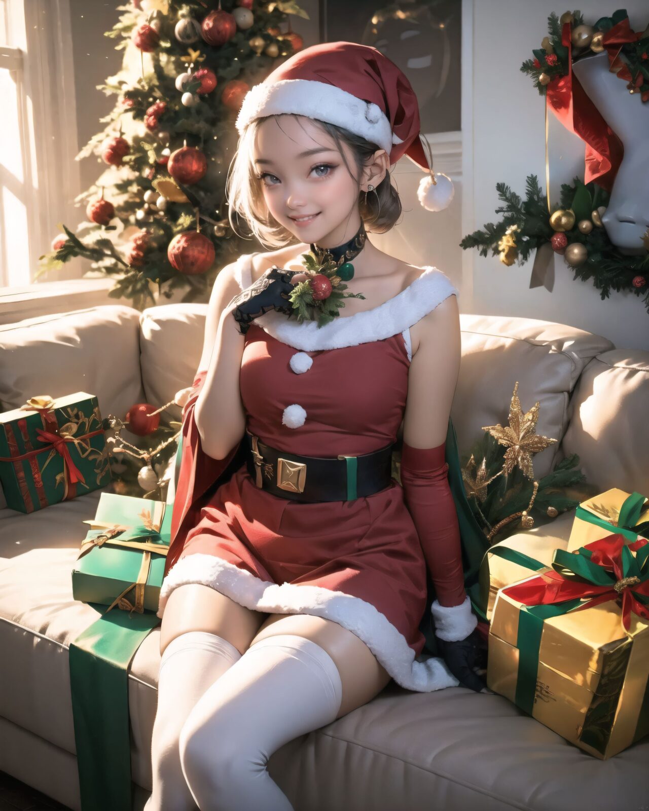 (A Fantasy world of another dimension:1.4),

(short ear elf girl close-up shot:1.3),
(brightly illuminates the front of her face:1.7),
(kawaii face:1.3),ngentle smile, shy demeanour, (Idol smile with a innocence:1.3),

( I put on my favourite Santa costume and it was photo time! The photo shoot was in the warm living room, with a glittering Christmas tree in the background. My theme was ?cute but also a little mature Santa?:1.8),

happiness room, depth of field,

(The room in the background is decorated in soft, girlish colors. The room has been enchanted, and a gentle light illuminates the many items in the room:1.4),
(The girl is wearing a confident smile:1.2),
(The whole screen is a scene where fantasy elements and her erotic-kawaii charm fuse together:1.7),


BLAKE


A charming 16-year-old elf girl with long, pointed ears, displaying an innocent and youthful expression,

She has a gentle smile and soft blushing cheeks, with a shy personality and attitude,

Her face is incredibly kawaii like an idol, with her mouth lightly closed, smiling with the corners of her mouth turned up, and full pouty lips,

(Her dark deep green eyes complement her stylish short silver hair with a delicate flow, adorned with a silver hairpiece:1.1),

She wears a green blouse with a frilled neckline, a corset top with golden cross-stitching, an emerald green cape shoulder-clasped with a golden brooch,

Her outfit includes leaf-shaped shoulder pauldrons, wrist cuffs with green cloth, and a multi-layered skirt with golden trim on the hem,

She accessorizes with a leather utility belt with a pouch, thigh-high boots, contrasting colors, and golden accessories including a necklace, bracelets, and an intricate golden armband,

Additional features include a green sleeveless blouse, a white top, a brown leather corset with gold trim, an emerald pendant necklace, a dark cape with a gold clasp, and bracers on her forearms,

Her outfit is further detailed with a puff-sleeve blouse, a deep moss green skirt with pleats, sheer white stockings, gold ankle bracelets, a golden wrist cuff, a black choker with a golden pendant, and hair ties with black ribbons,

Her cheeks have a warm blush, and she has small golden buttons down the front of the bodice,

She carries a small dagger sheathed at her waist, wears black fingerless gloves, intricate lace detailing adorns her blouse, floral accents are present on her skirt, golden chains drape across the bodice, and she has a golden ring on her finger,

Soft, ambient lighting accentuates the outfit?s details, creating a harmonious blend of traditional fantasy with modern stylistic choices, embodying a timeless yet contemporary elf,

She can be depicted in various poses and settings, making eye contact or looking away, embodying childlike wonder or graceful elegance,

The low angle accentuates her kawaii nature, highlighting the delicate textures of her hair and clothing, with natural light casting soft shadows and accentuating the youthful contours of her face,

She is brought into sharp focus with a shallow depth of field from a 50mm f/1.2 lens, providing beautiful depth-of-field blur with her face in focus,

High-resolution, detailed graphics capture every detail, from individual strands of hair to the intricate fabrics of her costume, with professional-grade clarity and contrast bringing vibrant colors to life,