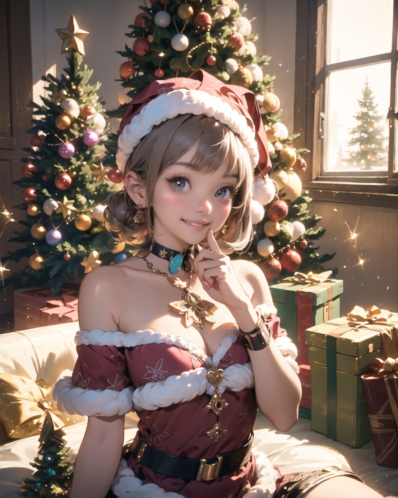 (A Fantasy world of another dimension:1.4),

(short ear elf girl close-up shot:1.3),
(brightly illuminates the front of her face:1.7),
(kawaii face:1.3),ngentle smile, shy demeanour, (Idol smile with a innocence:1.3),

( I put on my favourite Santa costume and it was photo time! The photo shoot was in the warm living room, with a glittering Christmas tree in the background. My theme was ?cute but also a little mature Santa?:1.8),

happiness room, depth of field,

(The room in the background is decorated in soft, girlish colors. The room has been enchanted, and a gentle light illuminates the many items in the room:1.4),
(The girl is wearing a confident smile:1.2),
(The whole screen is a scene where fantasy elements and her erotic-kawaii charm fuse together:1.7),


BLAKE


A charming 16-year-old elf girl with long, pointed ears, displaying an innocent and youthful expression,

She has a gentle smile and soft blushing cheeks, with a shy personality and attitude,

Her face is incredibly kawaii like an idol, with her mouth lightly closed, smiling with the corners of her mouth turned up, and full pouty lips,

(Her dark deep green eyes complement her stylish short silver hair with a delicate flow, adorned with a silver hairpiece:1.1),

She wears a green blouse with a frilled neckline, a corset top with golden cross-stitching, an emerald green cape shoulder-clasped with a golden brooch,

Her outfit includes leaf-shaped shoulder pauldrons, wrist cuffs with green cloth, and a multi-layered skirt with golden trim on the hem,

She accessorizes with a leather utility belt with a pouch, thigh-high boots, contrasting colors, and golden accessories including a necklace, bracelets, and an intricate golden armband,

Additional features include a green sleeveless blouse, a white top, a brown leather corset with gold trim, an emerald pendant necklace, a dark cape with a gold clasp, and bracers on her forearms,

Her outfit is further detailed with a puff-sleeve blouse, a deep moss green skirt with pleats, sheer white stockings, gold ankle bracelets, a golden wrist cuff, a black choker with a golden pendant, and hair ties with black ribbons,

Her cheeks have a warm blush, and she has small golden buttons down the front of the bodice,

She carries a small dagger sheathed at her waist, wears black fingerless gloves, intricate lace detailing adorns her blouse, floral accents are present on her skirt, golden chains drape across the bodice, and she has a golden ring on her finger,

Soft, ambient lighting accentuates the outfit?s details, creating a harmonious blend of traditional fantasy with modern stylistic choices, embodying a timeless yet contemporary elf,

She can be depicted in various poses and settings, making eye contact or looking away, embodying childlike wonder or graceful elegance,

The low angle accentuates her kawaii nature, highlighting the delicate textures of her hair and clothing, with natural light casting soft shadows and accentuating the youthful contours of her face,

She is brought into sharp focus with a shallow depth of field from a 50mm f/1.2 lens, providing beautiful depth-of-field blur with her face in focus,

High-resolution, detailed graphics capture every detail, from individual strands of hair to the intricate fabrics of her costume, with professional-grade clarity and contrast bringing vibrant colors to life,