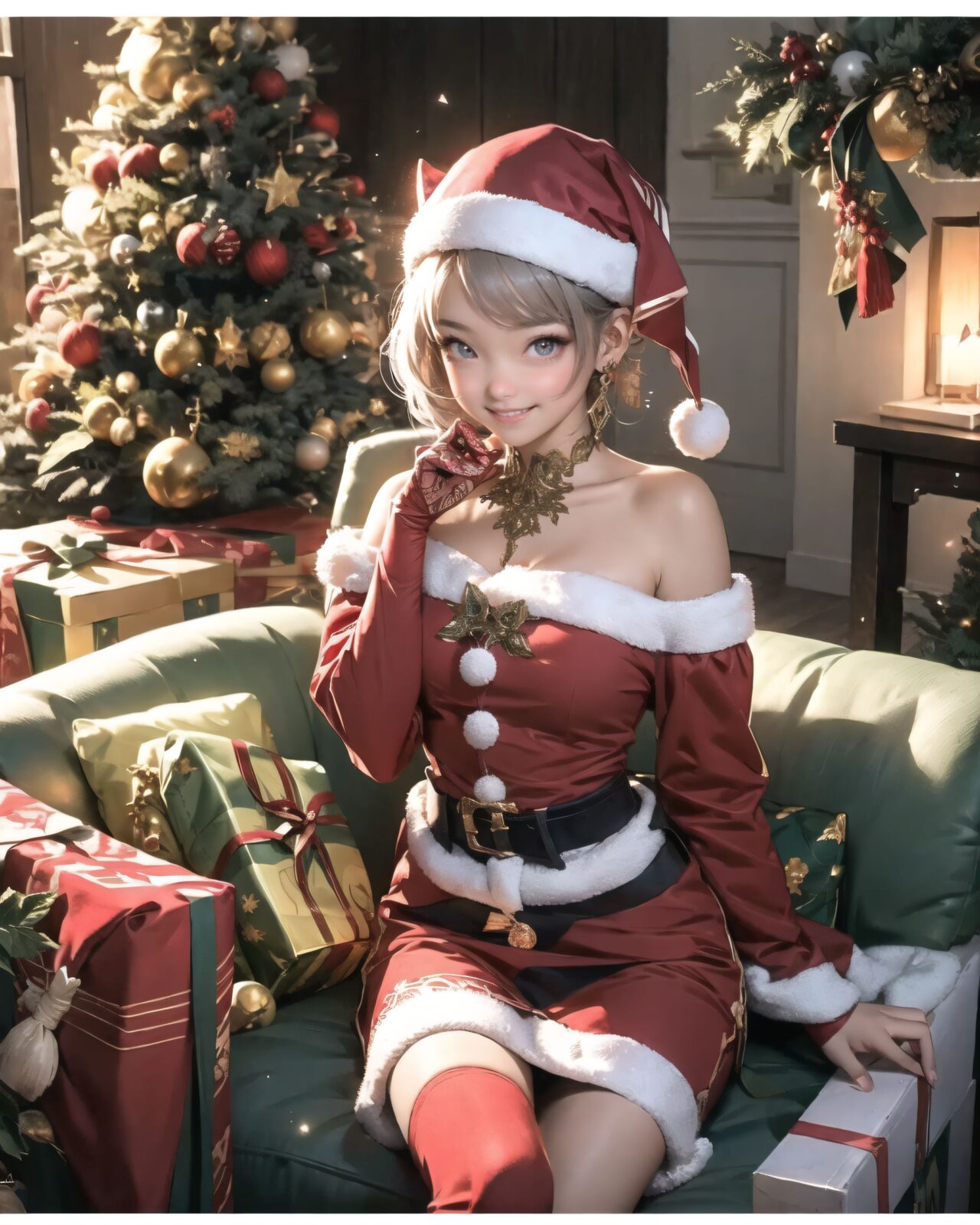 (A Fantasy world of another dimension:1.4),

(short ear elf girl close-up shot:1.3),
(brightly illuminates the front of her face:1.7),
(kawaii face:1.3),ngentle smile, shy demeanour, (Idol smile with a innocence:1.3),

( I put on my favourite Santa costume and it was photo time! The photo shoot was in the warm living room, with a glittering Christmas tree in the background. My theme was ?cute but also a little mature Santa?:1.8),

happiness room, depth of field,

(The room in the background is decorated in soft, girlish colors. The room has been enchanted, and a gentle light illuminates the many items in the room:1.4),
(The girl is wearing a confident smile:1.2),
(The whole screen is a scene where fantasy elements and her erotic-kawaii charm fuse together:1.7),


BLAKE


A charming 16-year-old elf girl with long, pointed ears, displaying an innocent and youthful expression,

She has a gentle smile and soft blushing cheeks, with a shy personality and attitude,

Her face is incredibly kawaii like an idol, with her mouth lightly closed, smiling with the corners of her mouth turned up, and full pouty lips,

(Her dark deep green eyes complement her stylish short silver hair with a delicate flow, adorned with a silver hairpiece:1.1),

She wears a green blouse with a frilled neckline, a corset top with golden cross-stitching, an emerald green cape shoulder-clasped with a golden brooch,

Her outfit includes leaf-shaped shoulder pauldrons, wrist cuffs with green cloth, and a multi-layered skirt with golden trim on the hem,

She accessorizes with a leather utility belt with a pouch, thigh-high boots, contrasting colors, and golden accessories including a necklace, bracelets, and an intricate golden armband,

Additional features include a green sleeveless blouse, a white top, a brown leather corset with gold trim, an emerald pendant necklace, a dark cape with a gold clasp, and bracers on her forearms,

Her outfit is further detailed with a puff-sleeve blouse, a deep moss green skirt with pleats, sheer white stockings, gold ankle bracelets, a golden wrist cuff, a black choker with a golden pendant, and hair ties with black ribbons,

Her cheeks have a warm blush, and she has small golden buttons down the front of the bodice,

She carries a small dagger sheathed at her waist, wears black fingerless gloves, intricate lace detailing adorns her blouse, floral accents are present on her skirt, golden chains drape across the bodice, and she has a golden ring on her finger,

Soft, ambient lighting accentuates the outfit?s details, creating a harmonious blend of traditional fantasy with modern stylistic choices, embodying a timeless yet contemporary elf,

She can be depicted in various poses and settings, making eye contact or looking away, embodying childlike wonder or graceful elegance,

The low angle accentuates her kawaii nature, highlighting the delicate textures of her hair and clothing, with natural light casting soft shadows and accentuating the youthful contours of her face,

She is brought into sharp focus with a shallow depth of field from a 50mm f/1.2 lens, providing beautiful depth-of-field blur with her face in focus,

High-resolution, detailed graphics capture every detail, from individual strands of hair to the intricate fabrics of her costume, with professional-grade clarity and contrast bringing vibrant colors to life,