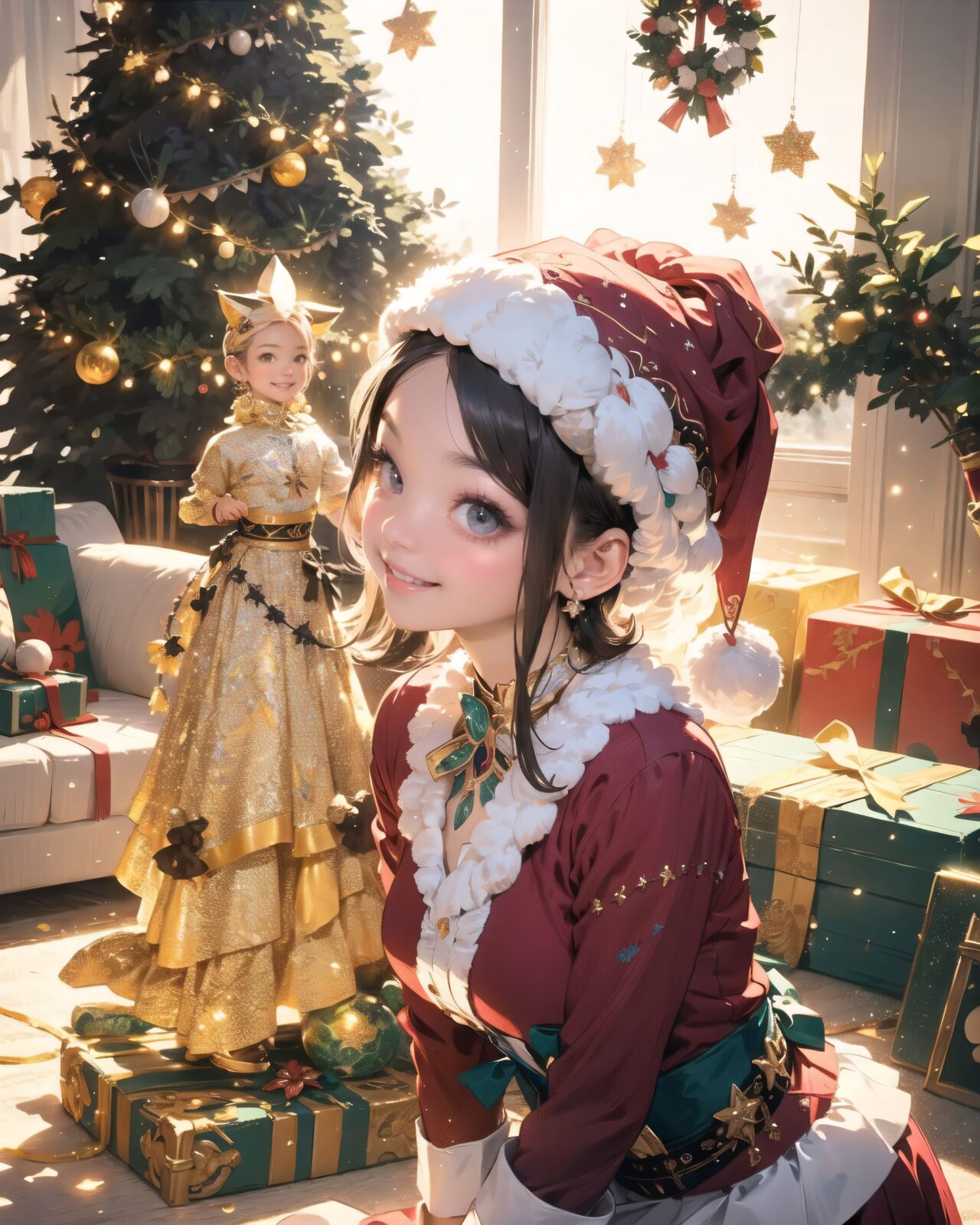 (A Fantasy world of another dimension:1.4),

(elf girl close-up shot:1.3),
(brightly illuminates the front of her face:1.7),
(kawaii face:1.3),ngentle smile, shy demeanour, (Idol smile with a innocence:1.3),

happiness room, depth of field,

(The room in the background is decorated in soft, girlish colors. The room has been enchanted, and a gentle light illuminates the many items in the room:1.4),
(The girl is wearing a confident smile:1.2),
(The whole screen is a scene where fantasy elements and her erotic-kawaii charm fuse together:1.7),



( I put on my favourite Santa costume and it was photo time! The photo shoot was in the warm living room, with a glittering Christmas tree in the background. My theme was ?cute but also a little mature Santa?:1.8),