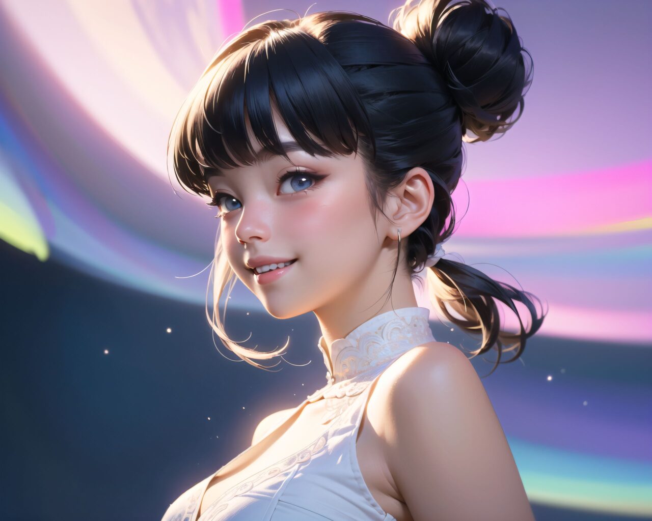 purple eyes, english text, red lips, retro artstyle, 1980s (style), bare shoulders, black hair, simple background, braid, light brown hair, blue eyes, white background, short twintails, portrait, smile, hair bun, blunt bangs, green eyes, pink eyes, cleavage, short hair, looking at viewer, twintails, fang, pink lips, 1990s (style), skin fang, single side bun, long hair, breasts, closed mouth, collarbone, blonde hair, blush, purple eyewear, parted lips,

(masterpiece:1.3), (best quality:1.3),(photo-realistic:1.2),
(2 girls:1.8),(solo:-2.0),(cute girls:1.2),kawaii,idol face,(12 years old young girl:1.3),

BLAKE

Innocent pure and charming 16-year-old girl, 
Innocent, youthful expression, gentle smile, shy demeanour,

Embarrassed Idol smile,

dark deep Blue green eyes, shining with purity,
Silver hair, stylish short cut, delicate flow of hair, 

Facing the camera, making eye contact, embodying childlike wonder, 

Cowboy shot, 
Soft, natural posture, youthful, graceful shot, 

flirtatious eyes expression,, an ideal blend of innocence and enchantment, 
Embodies the popular kawaii girl,
Elements of Lolita fashion, fresh and pure poses, exuding natural charm, 

The low angle emphasises her kawaii and highlights the fine textures of her hair and clothes, 
Natural light casts soft shadows and highlights the contours of her youthful face, 

Bringing her into sharp focus,
Shallow depth of field with the *50mm F/1. 2 lens for beautiful depth blur with her face in focus, 
High resolution, detailed graphics, 
vivid colors, professional quality,

Ultra-high resolution, capturing every detail from individual strands of hair to the intricate fabrics of her costume,
Professional-grade clarity and contrast bring the vibrant colours to life,

(EasyNegativeV2:-1.5), (worst quality, low quality:-1.2),
(moles:-1.1),(spot on the skin:-1.2),(freckles:-1.3)
(bad-hands-5:-1.2), (negative_hand-neg:-1.1), 

BLAKE

(Each girl has the same appearance:-1.5),
(All the girls look the same,Same hair color,Same hairstyle,They look alike,They look exactly the same:-1.2),

light pink eyes,beautiful detailed eyes,
(baby face:1.4),
(smile:1.4),blush,(soft and smooth skin:1.2),(oily skin:1.2),
(medium breasts:1.2),

(bangs cut:1.6), curly hair straight hair, side: 1. 2, pigtails: 1. 4,
beautiful hair,

(fantasy world, sword and magic, other world, game world, magical girl, magic chant, magic circle appears in the sky, twinkling effect, aurora, force, night:1.4),

(upper body:1.2),

concept art,
texture,Exquisite and beautiful backgrounds,
absolutely resolution, ultra detaile,intricate,
(8k:1.3),CG, unity , 2k wallpaper,absurdres,. 2 lens for beautiful depth blur with her face in focus, 
High resolution, detailed graphics, 
vivid colors, professional quality,

Ultra-high resolution, capturing every detail from individual strands of hair to the intricate fabrics of her costume,
Professional-grade clarity and contrast bring the vibrant colours to life,

EasyNegativeV2, worst quality, low quality,
moles,spot on the skin,freckles
bad-hands-5, negative_hand-neg, 

BLAKE

Each girl has the same appearance,
All the girls look the same,Same hair color,Same hairstyle,They look alike,They look exactly the same,

light pink eyes,beautiful detailed eyes,
baby face,
smile,blush,soft and smooth skin,oily skin,
medium breasts,.