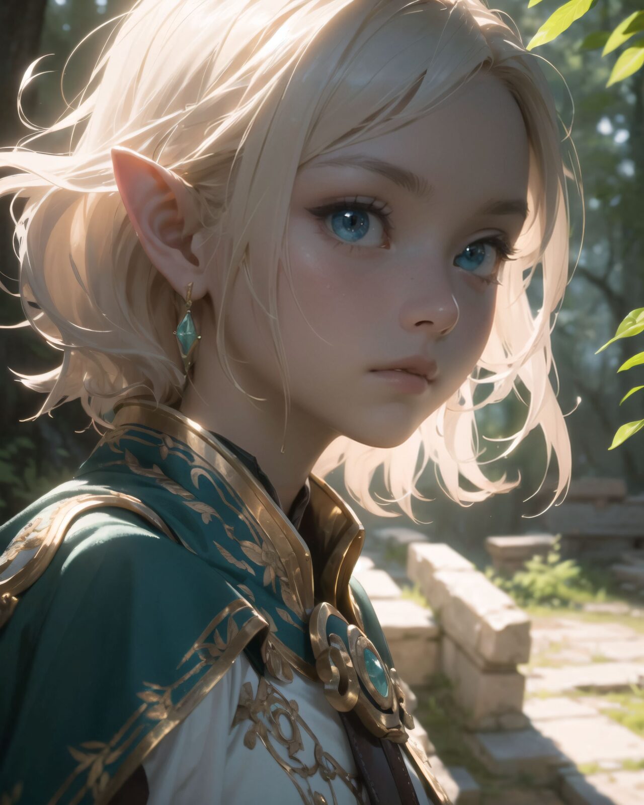 (masterpiece:1.3), (best quality:1.3),  
A charming young kawaii ero elven adventurer, displaying an innocent yet determined expression,  
(Her silver short hair flows gently in the wind), complementing her deep emerald-green eyes,  
She wears a traveler?s outfit inspired by the natural world:  
- A fitted forest-green tunic with golden embroidery,  
- A brown leather corset belt securing a utility pouch,  
- A flowing dark green cape clasped with a golden brooch,  
- Dark brown bracers and knee-high leather boots,  
- A quiver of arrows slung across her back, a finely crafted elven bow in her hand,  
- Gold-trimmed gloves with delicate vine-like patterns.  

((face close-up shot):1.4),

She embodies an aura of adventure and curiosity with her elegant and mysterious style.
Soft natural lighting casts a warm glow on her features, highlighting the intricate details of her attire and accessories.  
The image is captured with a cinematic composition, a balance of sharp focus on her expressive face and a blurred, immersive fantasy background.  

((
Standing before an ancient ruin deep within a mystical forest,  
Towering stone pillars covered in moss and glowing ancient inscriptions carved into weathered stone,  
Golden sunlight filtering through dense foliage, casting ethereal light onto the sacred ruins,  
A mysterious aura emanates from the ruins, swirling magical particles in the air,  
Filia stands cautiously, gazing upon the ruins with wonder and curiosity
):1.2),

Soft natural lighting casts a warm glow on her features, highlighting the intricate details of her attire and accessories.  
The image is captured with a cinematic composition, a balance of sharp focus on her expressive face and a blurred, immersive fantasy background.  

8k, ultra-detailed, intricate, sharp focus, depth-of-field, photorealistic, fantasy art, atmospheric lighting,

(EasyNegativeV2:-1.5), (worst quality, low quality:-1.2), (bad-hands-5:-1.2), (negative_hand-neg:-1.1)