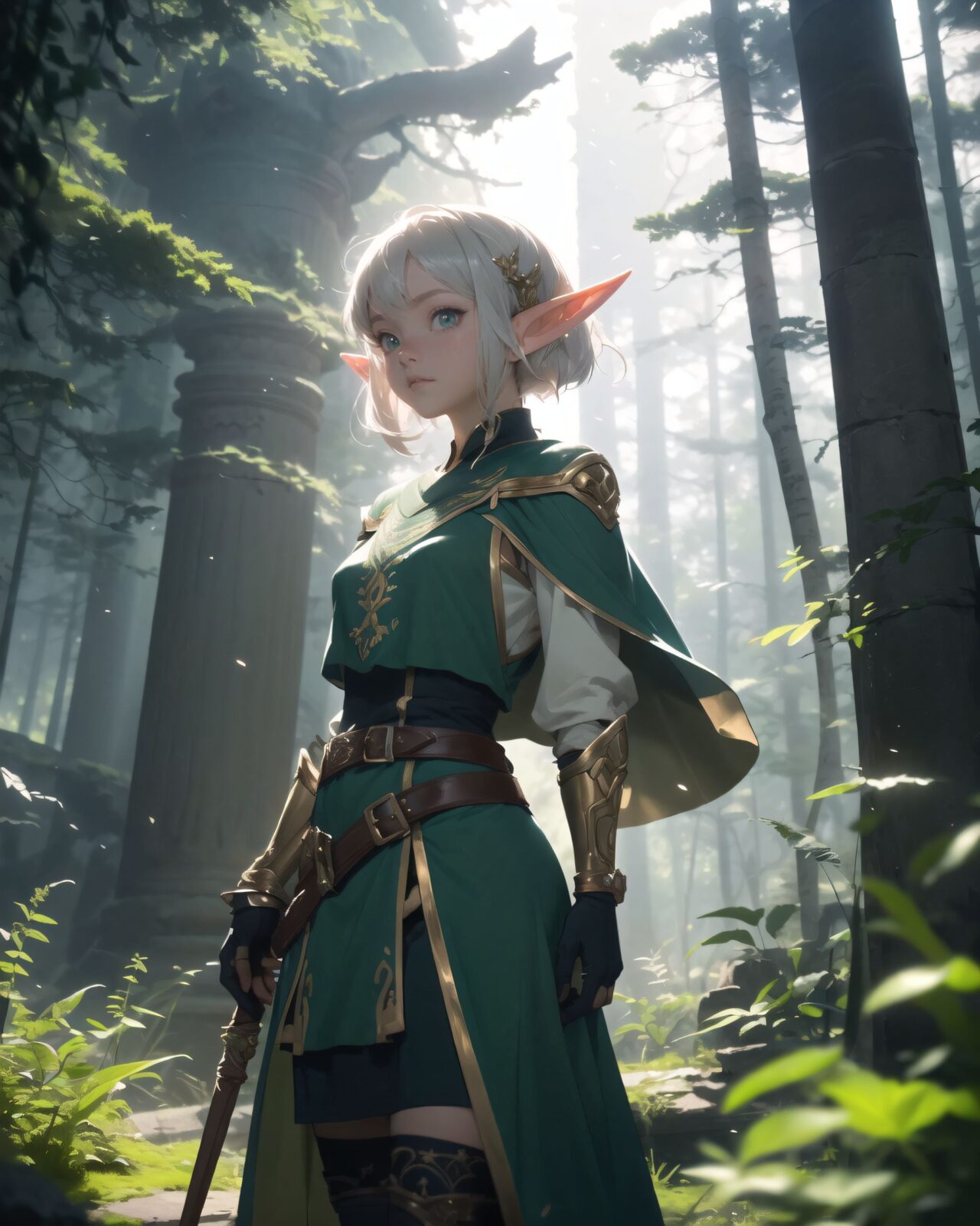 (masterpiece:1.3), (best quality:1.3),  
(A charming young kawaii ero elven adventurer:1.6), displaying an innocent yet determined expression,  
Her silver short hair flows gently in the wind, complementing her deep emerald-green eyes,  
She wears a traveler?s outfit inspired by the natural world:  
- A fitted forest-green tunic with golden embroidery,  
- A brown leather corset belt securing a utility pouch,  
- A flowing dark green cape clasped with a golden brooch,  
- Dark brown bracers and knee-high leather boots,  
- A quiver of arrows slung across her back, a finely crafted elven bow in her hand,  
- Gold-trimmed gloves with delicate vine-like patterns.  

(cinematic angle shot:1.4),

She embodies an aura of adventure and curiosity with her elegant and mysterious style.
Soft natural lighting casts a warm glow on her features, highlighting the intricate details of her attire and accessories.  
The image is captured with a cinematic composition, a balance of sharp focus on her expressive face and a blurred, immersive fantasy background.  

((
Standing before an ancient ruin deep within a mystical forest,  
Towering stone pillars covered in moss and glowing ancient inscriptions carved into weathered stone,  
Golden sunlight filtering through dense foliage, casting ethereal light onto the sacred ruins,  
A mysterious aura emanates from the ruins, swirling magical particles in the air,  
Filia stands cautiously, gazing upon the ruins with wonder and curiosity

):1.2),


Soft natural lighting casts a warm glow on her features, highlighting the intricate details of her attire and accessories.  
The image is captured with a cinematic composition, a balance of sharp focus on her expressive face and a blurred, immersive fantasy background.

8k, ultra-detailed, intricate, sharp focus, depth-of-field, photorealistic, fantasy art, atmospheric lighting,