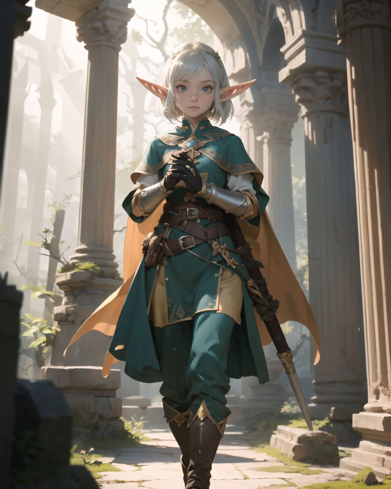 (masterpiece:1.3), (best quality:1.3),
(A charming young kawaii ero elven adventurer:1.6), displaying an innocent yet determined expression,
Her silver short hair flows gently in the wind, complementing her deep emerald-green eyes,
She wears a traveler?s outfit inspired by the natural world:
- A fitted forest-green tunic with golden embroidery,
- A brown leather corset belt securing a utility pouch,
- A flowing dark green cape clasped with a golden brooch,
- Dark brown bracers and knee-high leather boots,
- A quiver of arrows slung across her back, a finely crafted elven bow in her hand,
- Gold-trimmed gloves with delicate vine-like patterns.

((Long shot):1.4),


She embodies an aura of adventure and curiosity with her elegant and mysterious style.
Soft natural lighting casts a warm glow on her features, highlighting the intricate details of her attire and accessories.
The image is captured with a cinematic composition, a balance of sharp focus on her expressive face and a blurred, immersive fantasy background.

((
Standing before an ancient ruin deep within a mystical forest,  
Towering stone pillars covered in moss and glowing ancient inscriptions carved into weathered stone,  
Golden sunlight filtering through dense foliage, casting ethereal light onto the sacred ruins,  
A mysterious aura emanates from the ruins, swirling magical particles in the air,  
Filia stands cautiously, gazing upon the ruins with wonder and curiosity

):1.2),


Soft natural lighting casts a warm glow on her features, highlighting the intricate details of her attire and accessories.
The image is captured with a cinematic composition, a balance of sharp focus on her expressive face and a blurred, immersive fantasy background.

8k, ultra-detailed, intricate, sharp focus, depth-of-field, photorealistic, fantasy art, atmospheric lighting,