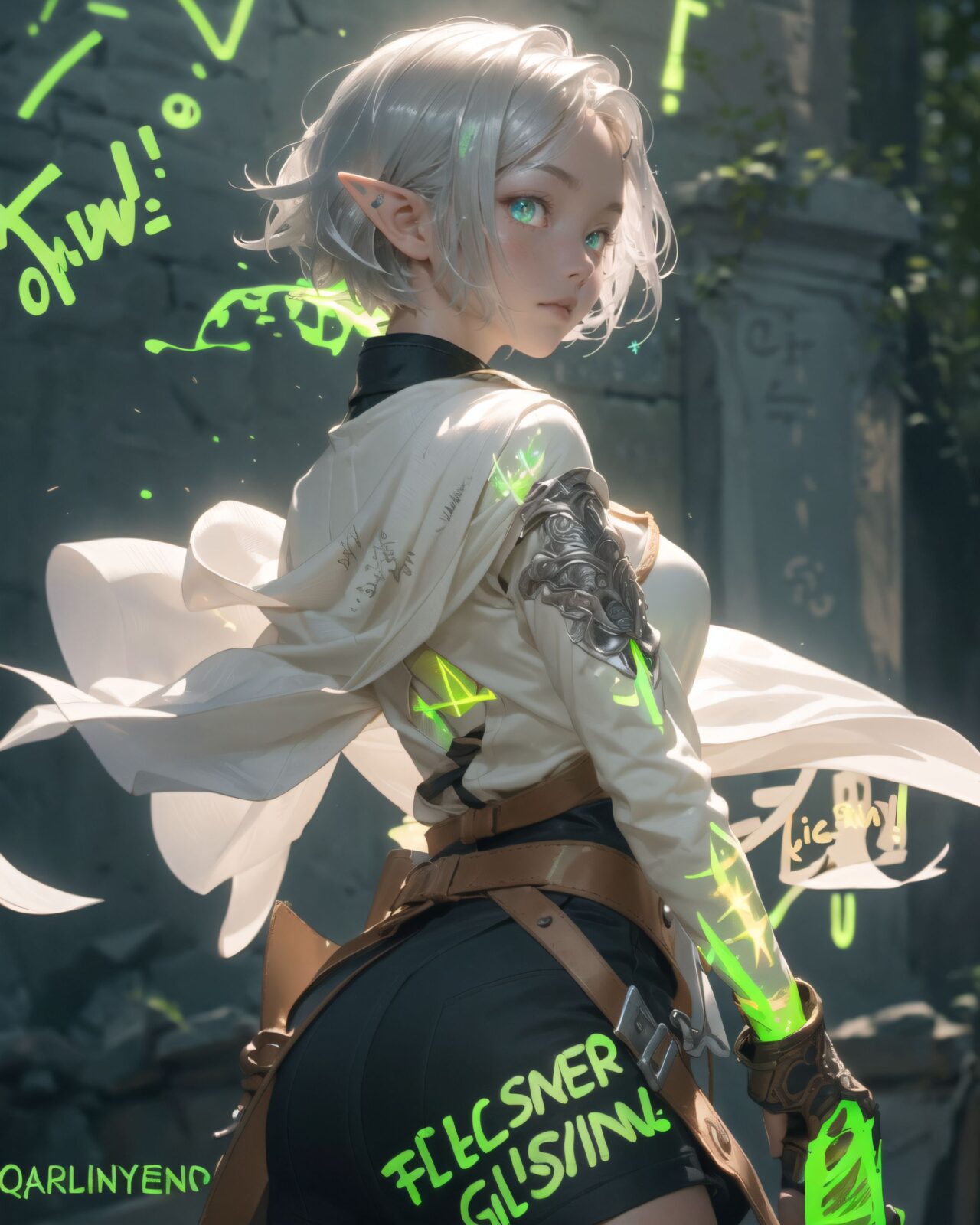 (masterpiece:1.3), (best quality:1.3),
((A charming young kawaii ero elven adventurer),
displaying an innocent yet determined expression,
((Her silver short hair flows gently in the wind):1.6),
complementing her deep emerald-green eyes,
She wears a traveler?s outfit inspired by the natural world:
- A fitted forest-green tunic with golden embroidery,
- A brown leather corset belt securing a utility pouch,
- A flowing dark green cape clasped with a golden brooch,
- Dark brown bracers and knee-high leather boots,
- A quiver of arrows slung across her back, a finely crafted elven bow in her hand,
- Gold-trimmed gloves with delicate vine-like patterns.
):1.2,

((shot of back):1.4),

(((

The inscription gradually begins to glow, and the ancient characters begin to emerge clearly),
(Some of the characters begin to move, as if they are floating in mid-air),
(There are several magical symbols carved into the wall, suggesting that they are part of the seal),
(The air around you changes slightly, and you get the illusion that the ruins have come to life),

):2),


Soft natural lighting casts a warm glow on her features, highlighting the intricate details of her attire and accessories.
The image is captured with a cinematic composition, a balance of sharp focus on her expressive face and a blurred, immersive fantasy background



8k, ultra-detailed, intricate, sharp focus, depth-of-field, photorealistic, fantasy art, atmospheric lighting,

(EasyNegativeV2:-1.5), (worst quality, low quality:-1.2), (bad-hands-5:-1.2), (negative_hand-neg:-1.1)