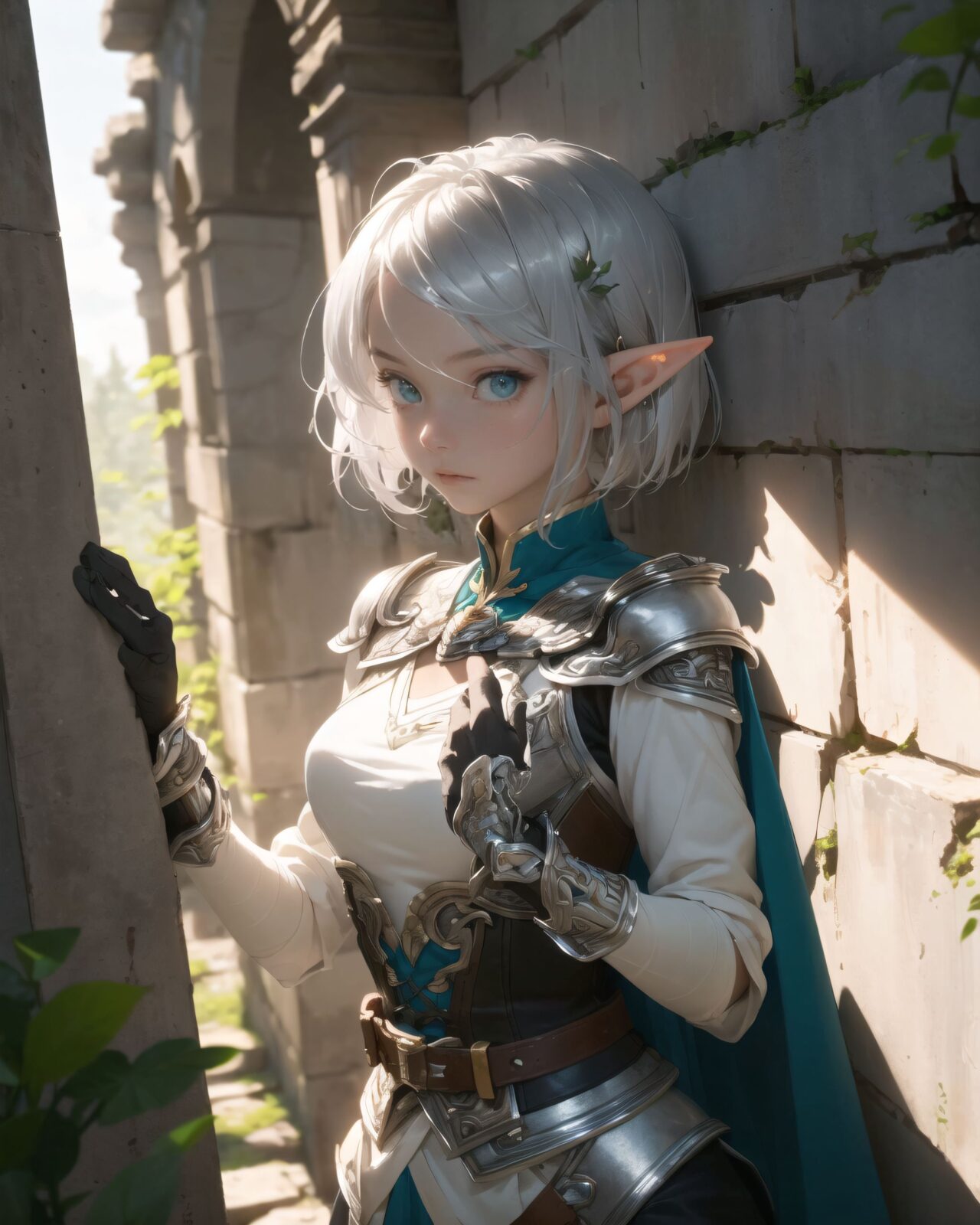 (masterpiece:1.3), (best quality:1.3),
((A charming young kawaii ero elven adventurer),
displaying an innocent yet determined expression,
((Her silver short hair flows gently in the wind):1.6),
complementing her deep emerald-green eyes,
She wears a traveler?s outfit inspired by the natural world:
- A fitted forest-green tunic with golden embroidery,
- A brown leather corset belt securing a utility pouch,
- A flowing dark green cape clasped with a golden brooch,
- Dark brown bracers and knee-high leather boots,
- A quiver of arrows slung across her back, a finely crafted elven bow in her hand,
- Gold-trimmed gloves with delicate vine-like patterns.
):1.2,

((upper body shot):1.4),
((

The girl steps inside the ruins.
? Image details

Background:

The inside of the ruins is cool and the air is faintly damp.
The ceiling is high and the stone walls are cracked and covered in moss, giving the impression of time passing.
In the dim light, the old stone paving at the feet of Philia and the scattered rubble tell the story of the ruins' collapse.
The light source is limited, and the only light is the remains of torches hanging on the walls and the sunlight that filters in through the gaps in the ceiling.
Filia's pose and expression:

Filia walks carefully.
She looks around her surroundings, a little wary, as she is enveloped in the silence of the ruins.
She walks carefully, with one hand on the wall.

):1.4),


Soft natural lighting casts a warm glow on her features, highlighting the intricate details of her attire and accessories.
The image is captured with a cinematic composition, a balance of sharp focus on her expressive face and a blurred, immersive fantasy background



8k, ultra-detailed, intricate, sharp focus, depth-of-field, photorealistic, fantasy art, atmospheric lighting,

(EasyNegativeV2:-1.5), (worst quality, low quality:-1.2), (bad-hands-5:-1.2), (negative_hand-neg:-1.1)