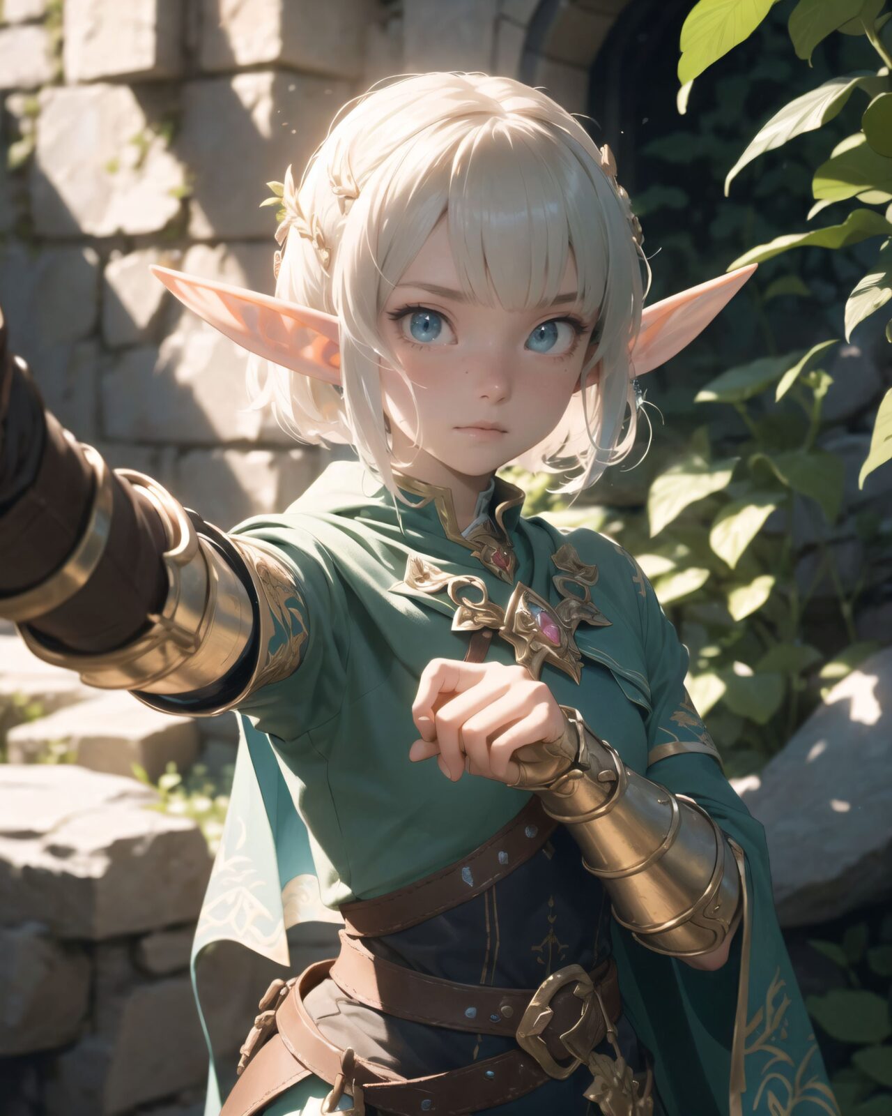 (masterpiece:1.3), (best quality:1.3),
(A charming young kawaii ero elven adventurer:1.6), displaying an innocent yet determined expression,
Her silver short hair flows gently in the wind, complementing her deep emerald-green eyes,
She wears a traveler?s outfit inspired by the natural world:
- A fitted forest-green tunic with golden embroidery,
- A brown leather corset belt securing a utility pouch,
- A flowing dark green cape clasped with a golden brooch,
- Dark brown bracers and knee-high leather boots,
- A quiver of arrows slung across her back, a finely crafted elven bow in her hand,
- Gold-trimmed gloves with delicate vine-like patterns.

((close-up shot):1.4),


She embodies an aura of adventure and curiosity with her elegant and mysterious style.
Soft natural lighting casts a warm glow on her features, highlighting the intricate details of her attire and accessories.
The image is captured with a cinematic composition, a balance of sharp focus on her expressive face and a blurred, immersive fantasy background.

((
Standing before an ancient stone wall covered in glowing magical inscriptions,  
The elven girl gently traces her fingertips over the luminescent symbols,  
The inscriptions emit a faint blue and gold glow, illuminating her delicate expression of curiosity,  
The surrounding ruins are dimly lit, with vines creeping along the crumbling stones,  
Soft light filters through a crack in the stone ceiling, casting a divine glow on the ancient carvings

):1.2),


Soft natural lighting casts a warm glow on her features, highlighting the intricate details of her attire and accessories.
The image is captured with a cinematic composition, a balance of sharp focus on her expressive face and a blurred, immersive fantasy background.

8k, ultra-detailed, intricate, sharp focus, depth-of-field, photorealistic, fantasy art, atmospheric lighting,