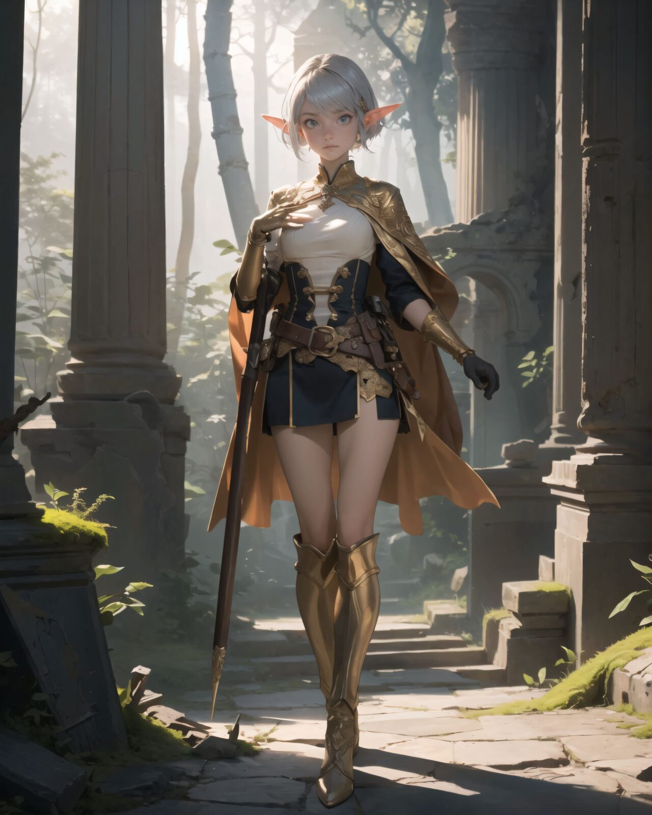 (masterpiece:1.3), (best quality:1.3),  
A charming young kawaii ero elven adventurer, displaying an innocent yet determined expression,  
(Her silver short hair flows gently in the wind), complementing her deep emerald-green eyes,  
She wears a traveler?s outfit inspired by the natural world:  
- A fitted forest-green tunic with golden embroidery,  
- A brown leather corset belt securing a utility pouch,  
- A flowing dark green cape clasped with a golden brooch,  
- Dark brown bracers and knee-high leather boots,  
- A quiver of arrows slung across her back, a finely crafted elven bow in her hand,  
- Gold-trimmed gloves with delicate vine-like patterns.  

((full body shot):1.4),

She embodies an aura of adventure and curiosity with her elegant and mysterious style.
Soft natural lighting casts a warm glow on her features, highlighting the intricate details of her attire and accessories.  
The image is captured with a cinematic composition, a balance of sharp focus on her expressive face and a blurred, immersive fantasy background.  

((
Standing before an ancient ruin deep within a mystical forest,  
Towering stone pillars covered in moss and glowing ancient inscriptions carved into weathered stone,  
Golden sunlight filtering through dense foliage, casting ethereal light onto the sacred ruins,  
A mysterious aura emanates from the ruins, swirling magical particles in the air,  
Filia stands cautiously, gazing upon the ruins with wonder and curiosity
):1.2),

Soft natural lighting casts a warm glow on her features, highlighting the intricate details of her attire and accessories.  
The image is captured with a cinematic composition, a balance of sharp focus on her expressive face and a blurred, immersive fantasy background.  

8k, ultra-detailed, intricate, sharp focus, depth-of-field, photorealistic, fantasy art, atmospheric lighting,

(EasyNegativeV2:-1.5), (worst quality, low quality:-1.2), (bad-hands-5:-1.2), (negative_hand-neg:-1.1)