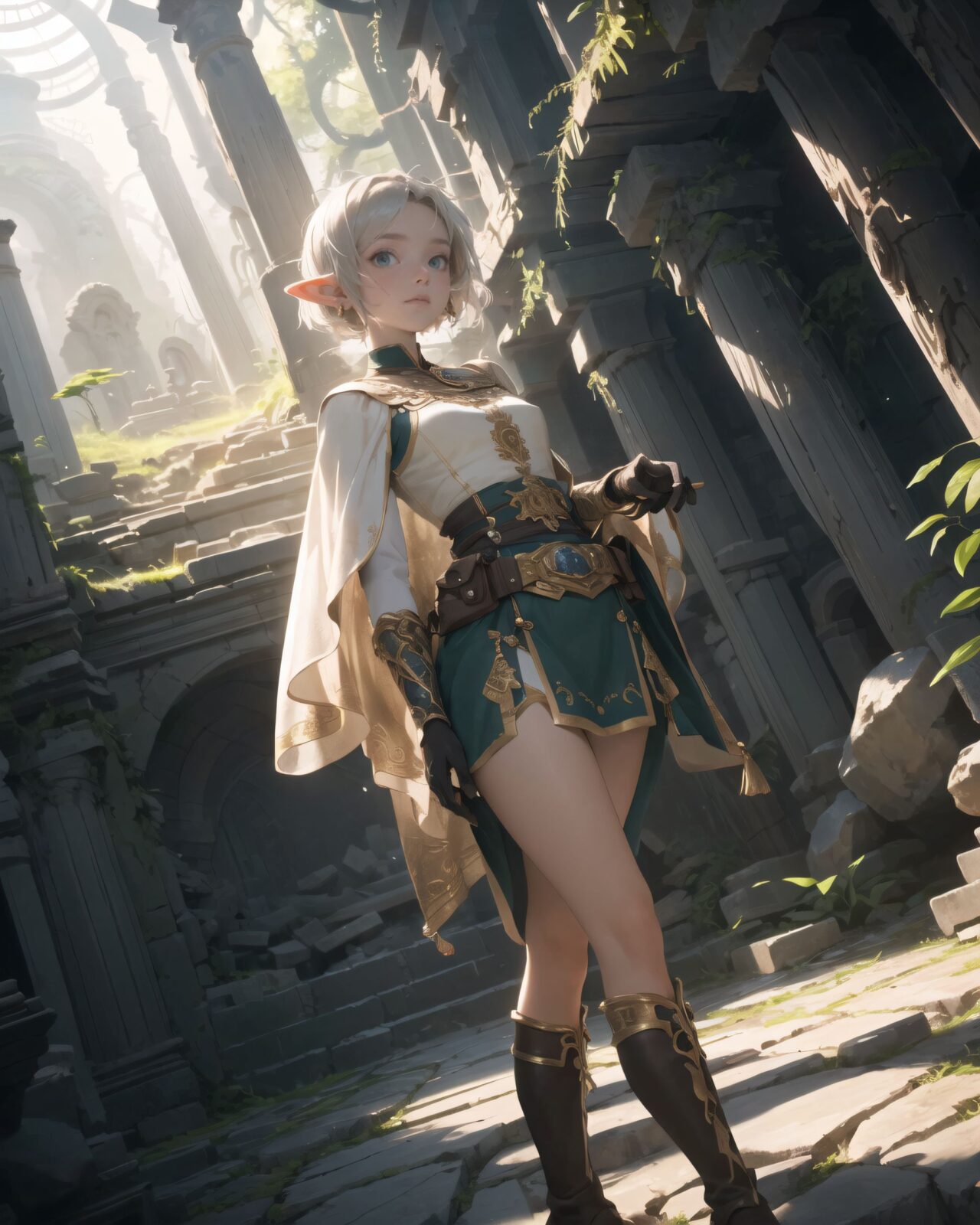 (masterpiece:1.3), (best quality:1.3),  
A charming young kawaii ero elven adventurer, displaying an innocent yet determined expression,  
(Her silver short hair flows gently in the wind), complementing her deep emerald-green eyes,  
She wears a traveler?s outfit inspired by the natural world:  
- A fitted forest-green tunic with golden embroidery,  
- A brown leather corset belt securing a utility pouch,  
- A flowing dark green cape clasped with a golden brooch,  
- Dark brown bracers and knee-high leather boots,  
- A quiver of arrows slung across her back, a finely crafted elven bow in her hand,  
- Gold-trimmed gloves with delicate vine-like patterns.  

((dynamic angle shot):1.4),

She embodies an aura of adventure and curiosity with her elegant and mysterious style.
Soft natural lighting casts a warm glow on her features, highlighting the intricate details of her attire and accessories.  
The image is captured with a cinematic composition, a balance of sharp focus on her expressive face and a blurred, immersive fantasy background.  

((
Standing before an ancient ruin deep within a mystical forest,  
Towering stone pillars covered in moss and glowing ancient inscriptions carved into weathered stone,  
Golden sunlight filtering through dense foliage, casting ethereal light onto the sacred ruins,  
A mysterious aura emanates from the ruins, swirling magical particles in the air,  
Filia stands cautiously, gazing upon the ruins with wonder and curiosity
):1.2),

Soft natural lighting casts a warm glow on her features, highlighting the intricate details of her attire and accessories.  
The image is captured with a cinematic composition, a balance of sharp focus on her expressive face and a blurred, immersive fantasy background.  

8k, ultra-detailed, intricate, sharp focus, depth-of-field, photorealistic, fantasy art, atmospheric lighting,

(EasyNegativeV2:-1.5), (worst quality, low quality:-1.2), (bad-hands-5:-1.2), (negative_hand-neg:-1.1)