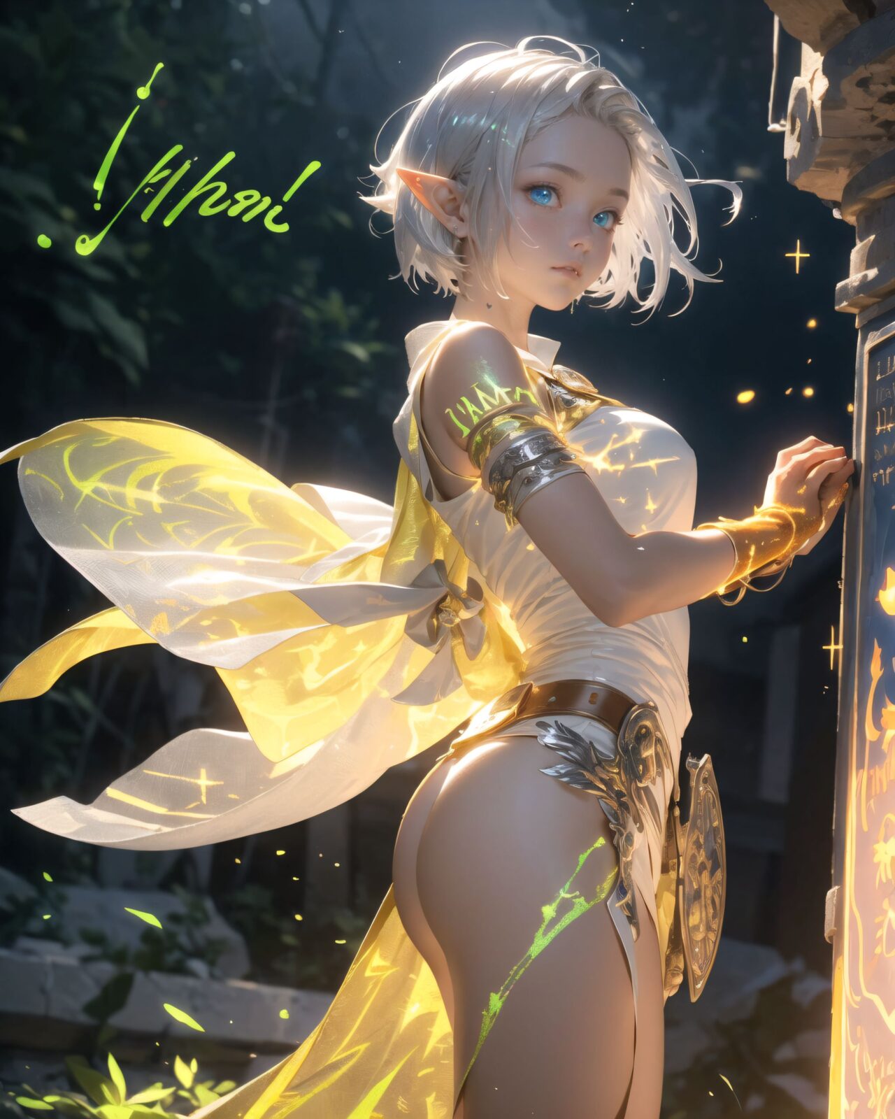 (masterpiece:1.3), (best quality:1.3),
((A charming young kawaii ero elven adventurer),
displaying an innocent yet determined expression,
((Her silver short hair flows gently in the wind):1.6),
complementing her deep emerald-green eyes,
She wears a traveler?s outfit inspired by the natural world:
- A fitted forest-green tunic with golden embroidery,
- A brown leather corset belt securing a utility pouch,
- A flowing dark green cape clasped with a golden brooch,
- Dark brown bracers and knee-high leather boots,
- A quiver of arrows slung across her back, a finely crafted elven bow in her hand,
- Gold-trimmed gloves with delicate vine-like patterns.
):1.2,

((shot of person naked):1.4),

((

The inscription gradually begins to glow, and the ancient characters begin to emerge clearly.
Some of the characters begin to move, as if they are floating in mid-air.
There are several magical symbols carved into the wall, suggesting that they are part of the seal.
The air around you changes slightly, and you get the illusion that the ruins have come to life.

):2),


Soft natural lighting casts a warm glow on her features, highlighting the intricate details of her attire and accessories.
The image is captured with a cinematic composition, a balance of sharp focus on her expressive face and a blurred, immersive fantasy background



8k, ultra-detailed, intricate, sharp focus, depth-of-field, photorealistic, fantasy art, atmospheric lighting,

(EasyNegativeV2:-1.5), (worst quality, low quality:-1.2), (bad-hands-5:-1.2), (negative_hand-neg:-1.1)