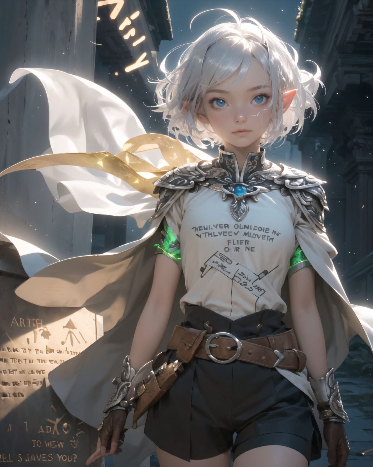 (masterpiece:1.3), (best quality:1.3),
((A charming young kawaii ero elven adventurer),
displaying an innocent yet determined expression,
((Her silver short hair flows gently in the wind):1.6),
complementing her deep emerald-green eyes,
She wears a traveler?s outfit inspired by the natural world:
- A fitted forest-green tunic with golden embroidery,
- A brown leather corset belt securing a utility pouch,
- A flowing dark green cape clasped with a golden brooch,
- Dark brown bracers and knee-high leather boots,
- A quiver of arrows slung across her back, a finely crafted elven bow in her hand,
- Gold-trimmed gloves with delicate vine-like patterns.
):1.2,

((cowboy shot):1.4),

((

The inscription gradually begins to glow, and the ancient characters begin to emerge clearly.
Some of the characters begin to move, as if they are floating in mid-air.
There are several magical symbols carved into the wall, suggesting that they are part of the seal.
The air around you changes slightly, and you get the illusion that the ruins have come to life.

):2),


Soft natural lighting casts a warm glow on her features, highlighting the intricate details of her attire and accessories.
The image is captured with a cinematic composition, a balance of sharp focus on her expressive face and a blurred, immersive fantasy background



8k, ultra-detailed, intricate, sharp focus, depth-of-field, photorealistic, fantasy art, atmospheric lighting,

(EasyNegativeV2:-1.5), (worst quality, low quality:-1.2), (bad-hands-5:-1.2), (negative_hand-neg:-1.1)