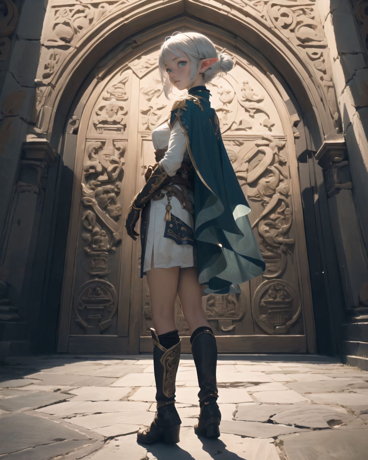 (masterpiece:1.3), (best quality:1.3),  
A charming young kawaii ero elven adventurer, displaying an innocent yet determined expression,  
Her silver short hair flows gently in the wind, complementing her deep emerald-green eyes,  
She wears a traveler?s outfit inspired by the natural world:  
- A fitted forest-green tunic with golden embroidery,  
- A brown leather corset belt securing a utility pouch,  
- A flowing dark green cape clasped with a golden brooch,  
- Dark brown bracers and knee-high leather boots,  
- A quiver of arrows slung across her back, a finely crafted elven bow in her hand,  
- Gold-trimmed gloves with delicate vine-like patterns.  

She stands gracefully in a lush, mystical setting, embodying an aura of adventure and curiosity.  
Soft natural lighting casts a warm glow on her features, highlighting the intricate details of her attire and accessories.  
The image is captured with a cinematic composition, a balance of sharp focus on her expressive face and a blurred, immersive fantasy background.  

((
Standing before a mysterious ancient stone door covered in elaborate carvings,  
Faintly glowing magical symbols swirling across its surface,  
A large, circular magic sigil appears on the ground, emitting a soft golden-blue light,  
Particles of magic float in the air, creating an ethereal atmosphere,  
Filia stands cautiously, sensing the magic as she prepares to decipher the ancient seal

):1.5),





(8k, ultra-detailed, intricate, sharp focus, depth-of-field, photorealistic, fantasy art, atmospheric lighting)  
(EasyNegativeV2:-1.5), (worst quality, low quality:-1.2), (bad-hands-5:-1.2), (negative_hand-neg:-1.1)