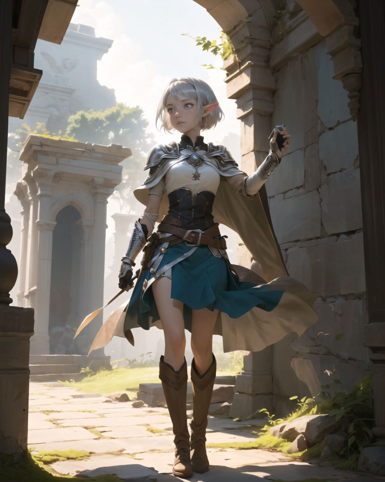 (masterpiece:1.3), (best quality:1.3),
((A charming young kawaii ero elven adventurer),
displaying an innocent yet determined expression,
((Her silver short hair flows gently in the wind):1.6),
complementing her deep emerald-green eyes,
She wears a traveler?s outfit inspired by the natural world:
- A fitted forest-green tunic with golden embroidery,
- A brown leather corset belt securing a utility pouch,
- A flowing dark green cape clasped with a golden brooch,
- Dark brown bracers and knee-high leather boots,
- A quiver of arrows slung across her back, a finely crafted elven bow in her hand,
- Gold-trimmed gloves with delicate vine-like patterns.
):1.2,

((cowboy shot):1.4),
((

The girl steps inside the ruins.
? Image details

Background:

The inside of the ruins is cool and the air is faintly damp.
The ceiling is high and the stone walls are cracked and covered in moss, giving the impression of time passing.
In the dim light, the old stone paving at the feet of Philia and the scattered rubble tell the story of the ruins' collapse.
The light source is limited, and the only light is the remains of torches hanging on the walls and the sunlight that filters in through the gaps in the ceiling.
Filia's pose and expression:

Filia walks carefully.
She looks around her surroundings, a little wary, as she is enveloped in the silence of the ruins.
She walks carefully, with one hand on the wall.

):1.4),


Soft natural lighting casts a warm glow on her features, highlighting the intricate details of her attire and accessories.
The image is captured with a cinematic composition, a balance of sharp focus on her expressive face and a blurred, immersive fantasy background



8k, ultra-detailed, intricate, sharp focus, depth-of-field, photorealistic, fantasy art, atmospheric lighting,

(EasyNegativeV2:-1.5), (worst quality, low quality:-1.2), (bad-hands-5:-1.2), (negative_hand-neg:-1.1)