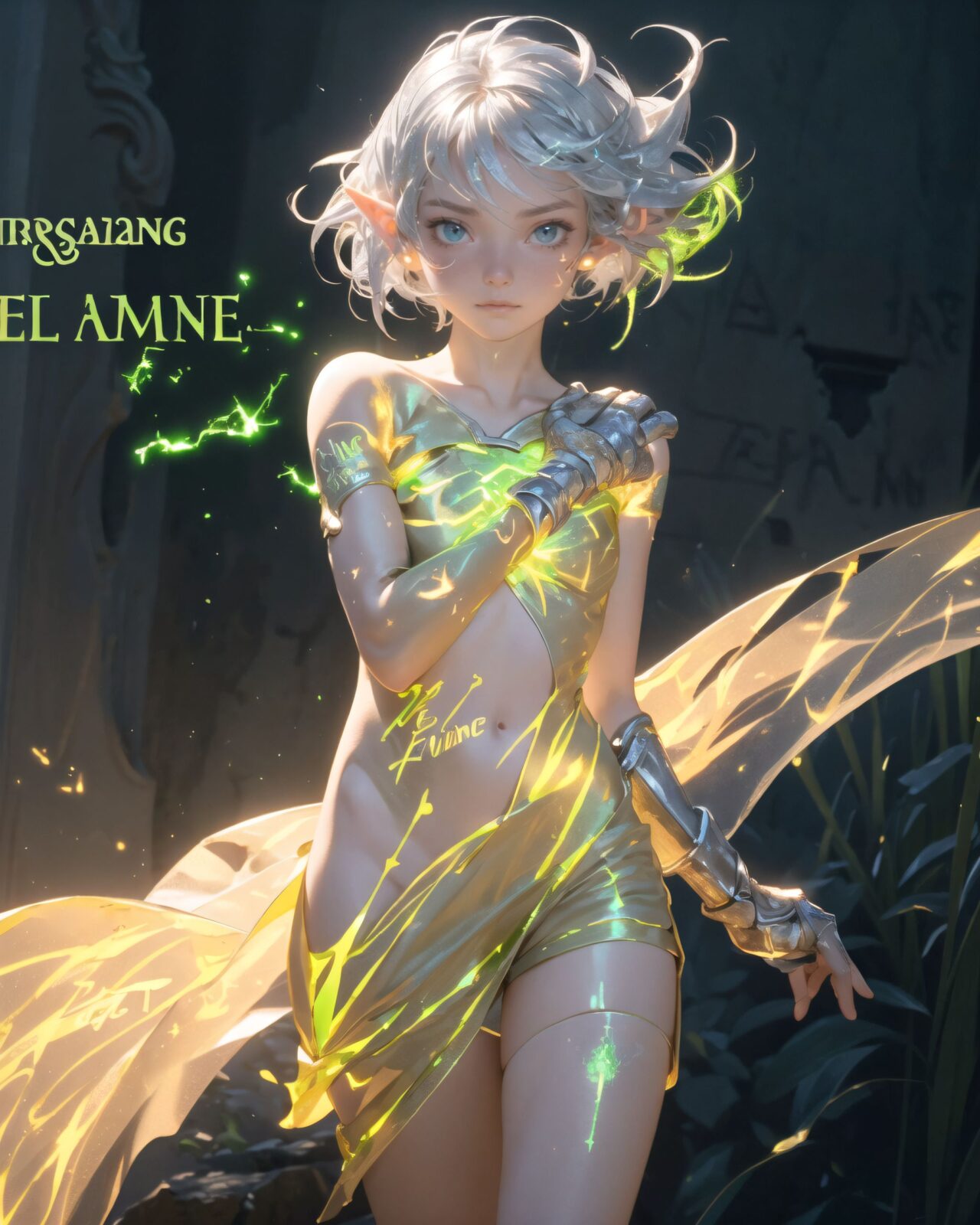 (masterpiece:1.3), (best quality:1.3),
((A charming young kawaii ero elven adventurer),
displaying an innocent yet determined expression,
((Her silver short hair flows gently in the wind):1.6),
complementing her deep emerald-green eyes,
She wears a traveler?s outfit inspired by the natural world:
- A fitted forest-green tunic with golden embroidery,
- A brown leather corset belt securing a utility pouch,
- A flowing dark green cape clasped with a golden brooch,
- Dark brown bracers and knee-high leather boots,
- A quiver of arrows slung across her back, a finely crafted elven bow in her hand,
- Gold-trimmed gloves with delicate vine-like patterns.
):1.2,

((shot of person naked):1.4),

(((

The inscription gradually begins to glow, and the ancient characters begin to emerge clearly),
(Some of the characters begin to move, as if they are floating in mid-air),
(There are several magical symbols carved into the wall, suggesting that they are part of the seal),
(The air around you changes slightly, and you get the illusion that the ruins have come to life),

):2),


Soft natural lighting casts a warm glow on her features, highlighting the intricate details of her attire and accessories.
The image is captured with a cinematic composition, a balance of sharp focus on her expressive face and a blurred, immersive fantasy background



8k, ultra-detailed, intricate, sharp focus, depth-of-field, photorealistic, fantasy art, atmospheric lighting,

(EasyNegativeV2:-1.5), (worst quality, low quality:-1.2), (bad-hands-5:-1.2), (negative_hand-neg:-1.1)