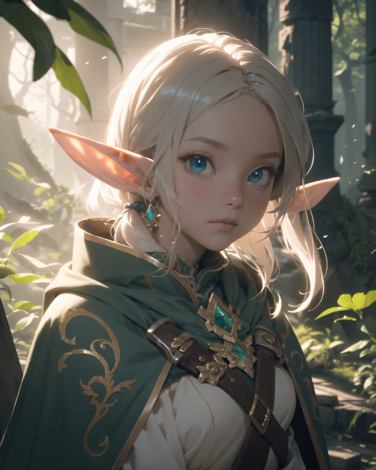 (masterpiece:1.3), (best quality:1.3),
(A charming young kawaii ero elven adventurer:1.6), displaying an innocent yet determined expression,
Her silver short hair flows gently in the wind, complementing her deep emerald-green eyes,
She wears a traveler?s outfit inspired by the natural world:
- A fitted forest-green tunic with golden embroidery,
- A brown leather corset belt securing a utility pouch,
- A flowing dark green cape clasped with a golden brooch,
- Dark brown bracers and knee-high leather boots,
- A quiver of arrows slung across her back, a finely crafted elven bow in her hand,
- Gold-trimmed gloves with delicate vine-like patterns.

((face close-up shot):1.4),


She embodies an aura of adventure and curiosity with her elegant and mysterious style.
Soft natural lighting casts a warm glow on her features, highlighting the intricate details of her attire and accessories.
The image is captured with a cinematic composition, a balance of sharp focus on her expressive face and a blurred, immersive fantasy background.

((
Standing before an ancient ruin deep within a mystical forest,  
Towering stone pillars covered in moss and glowing ancient inscriptions carved into weathered stone,  
Golden sunlight filtering through dense foliage, casting ethereal light onto the sacred ruins,  
A mysterious aura emanates from the ruins, swirling magical particles in the air,  
Filia stands cautiously, gazing upon the ruins with wonder and curiosity

):1.2),


Soft natural lighting casts a warm glow on her features, highlighting the intricate details of her attire and accessories.
The image is captured with a cinematic composition, a balance of sharp focus on her expressive face and a blurred, immersive fantasy background.

8k, ultra-detailed, intricate, sharp focus, depth-of-field, photorealistic, fantasy art, atmospheric lighting,